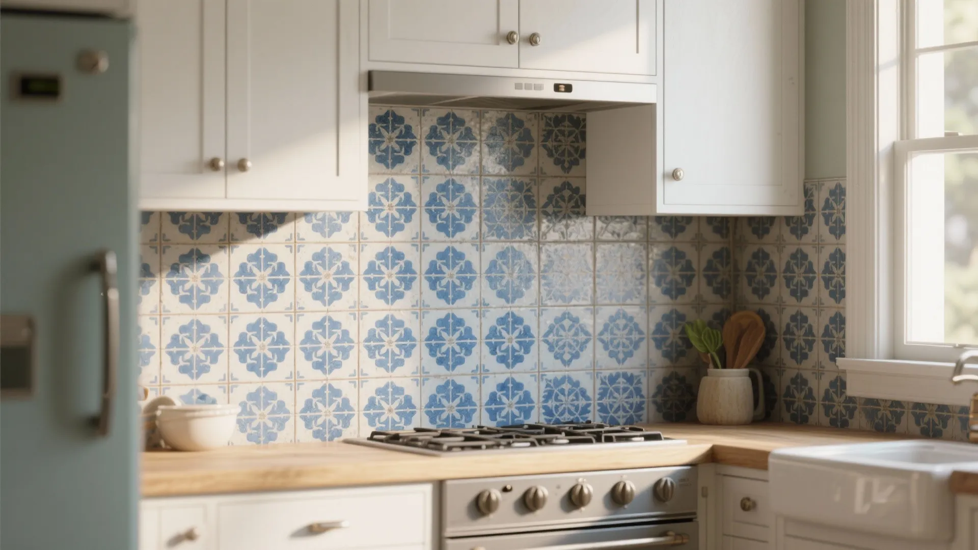 5. Patterned Blue Encaustic for Retro Charm