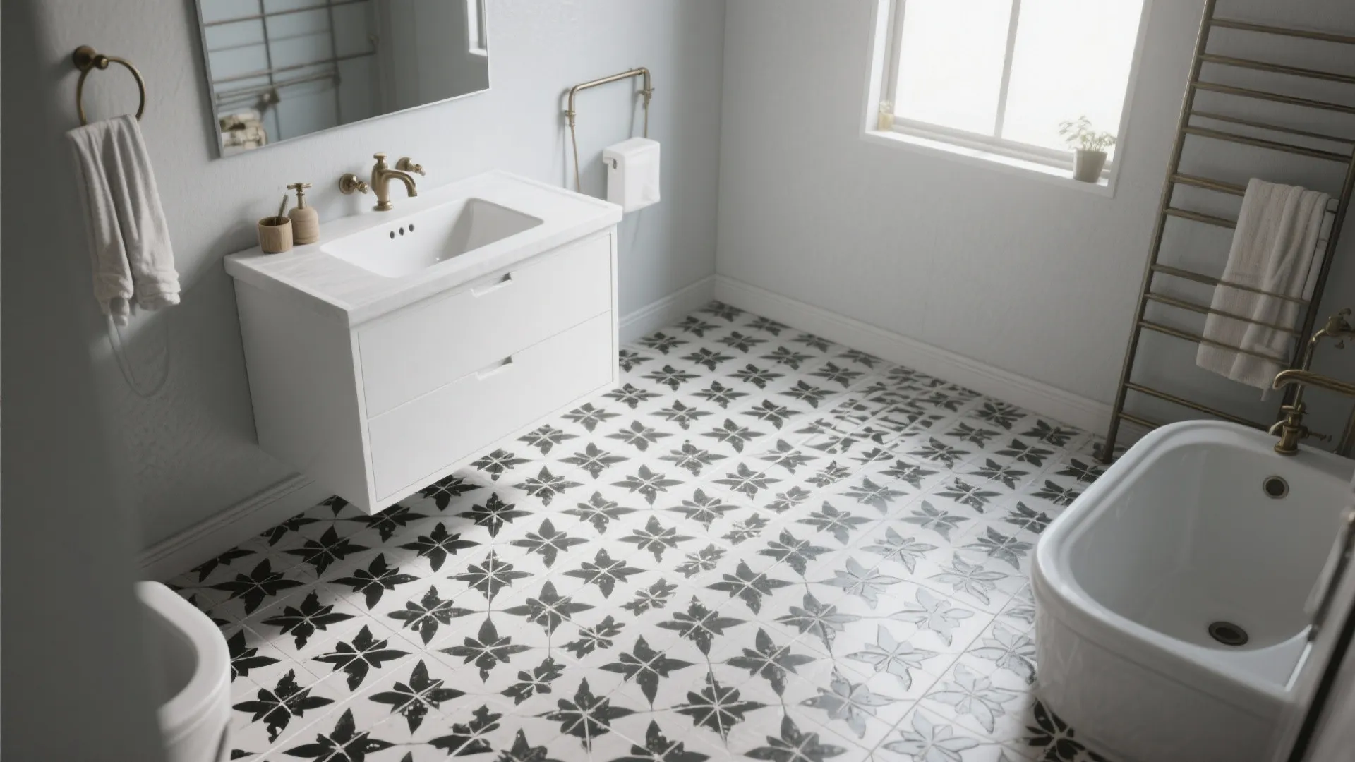 2. Black-and-white patterned encaustic-style tiles