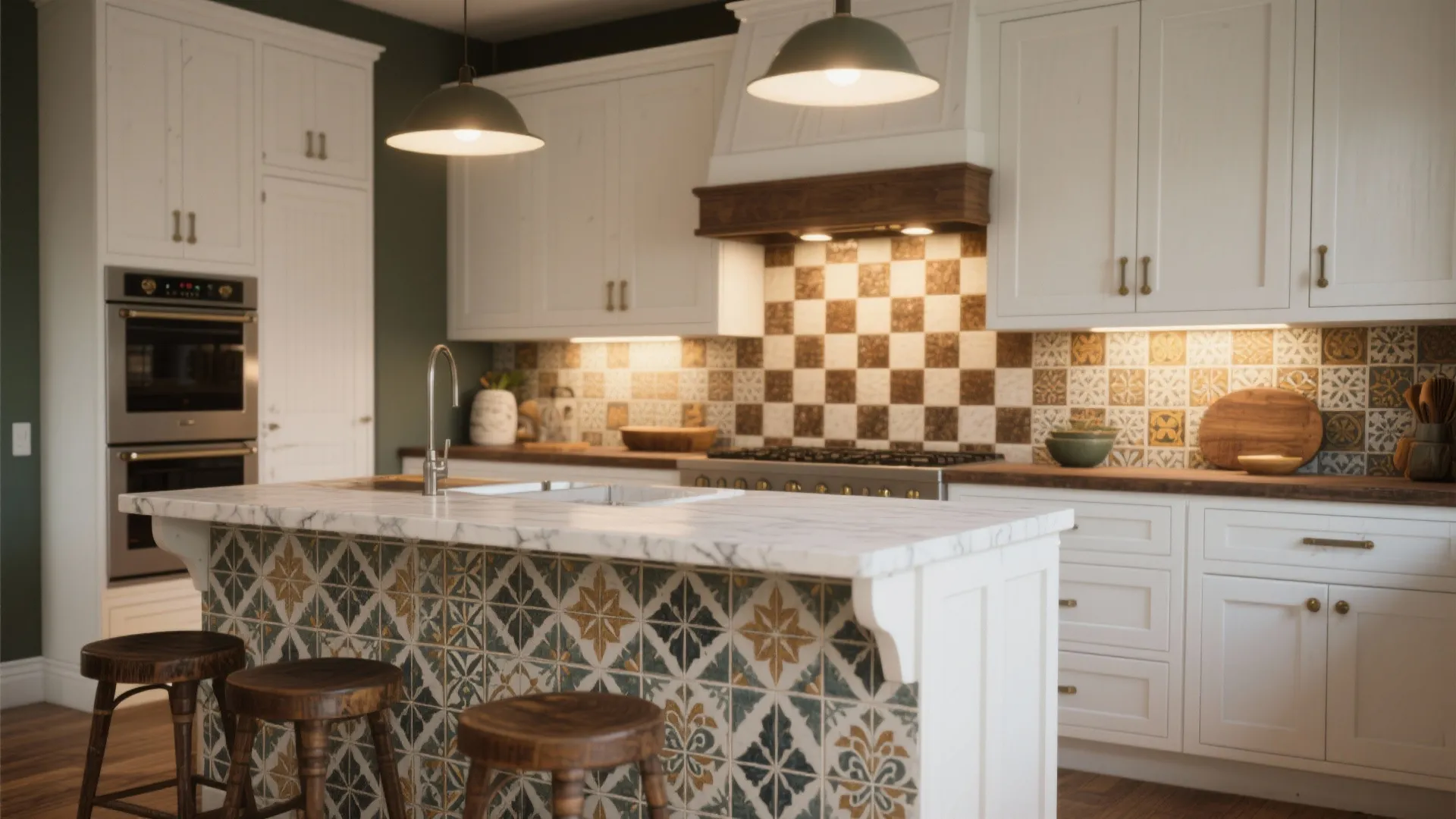 Modern kitchen with white cabinets patterned wall tiles marble island wooden stools and green pendant lights