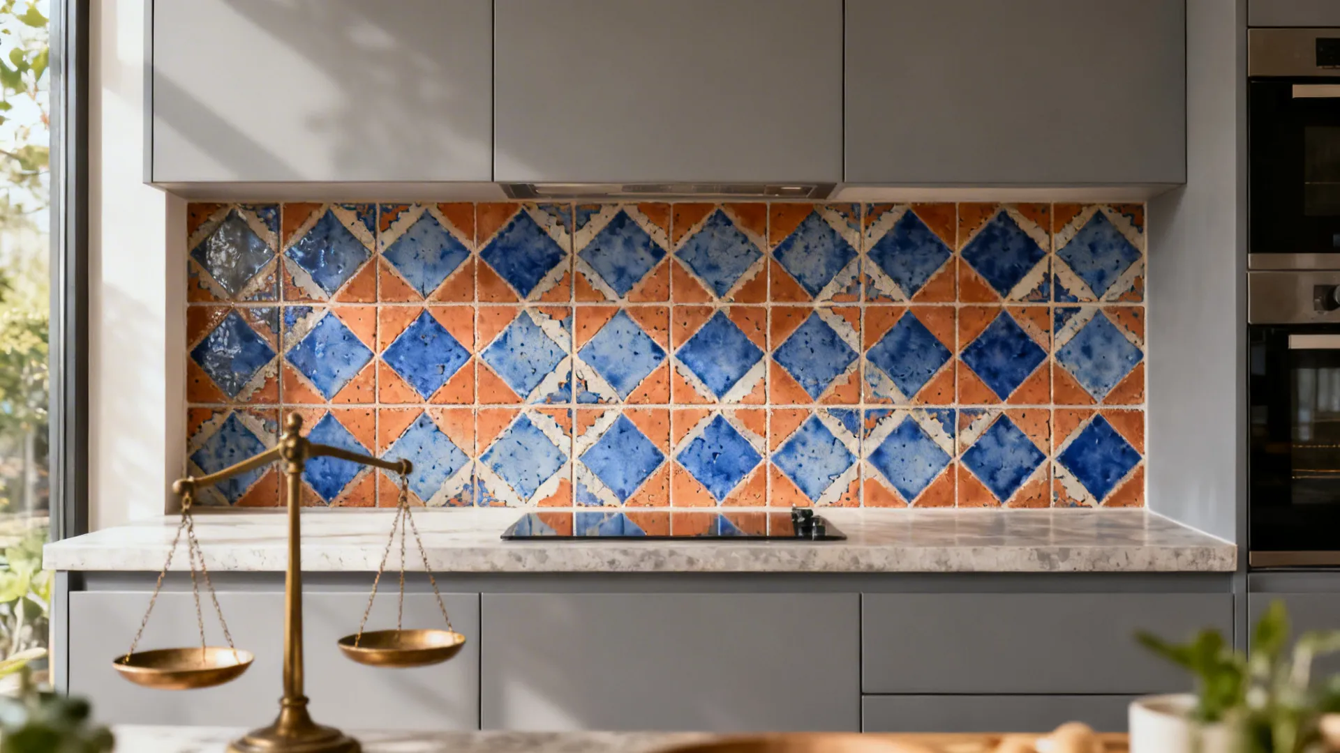 Patterned blue-and-terracotta encaustic tile backsplash with gray cabinets in a bungalow kitchen.