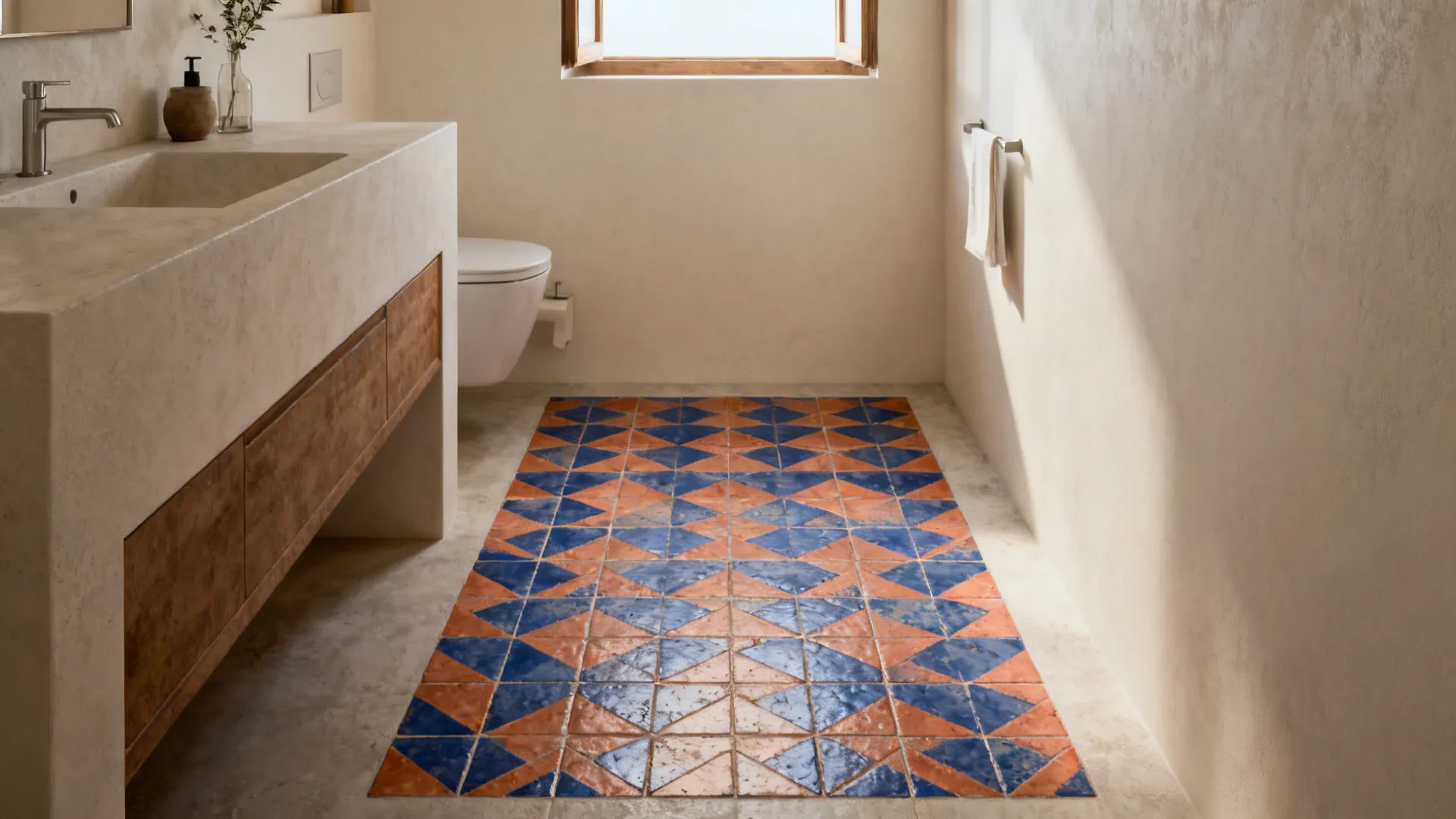 Small ensuite with a patterned encaustic-look tile floor as the central focal point and neutral walls.