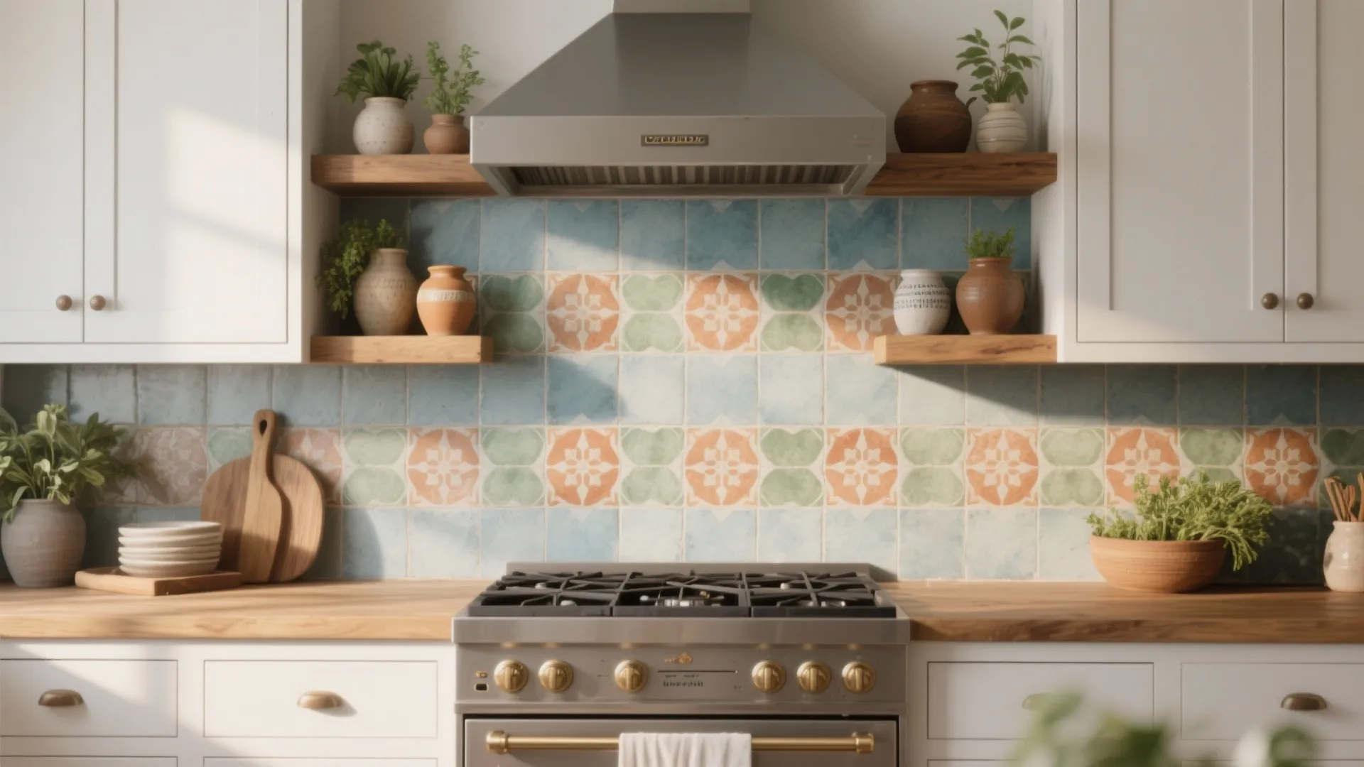 Range wall with muted encaustic-look patterned tile behind white cabinets and wooden shelf.