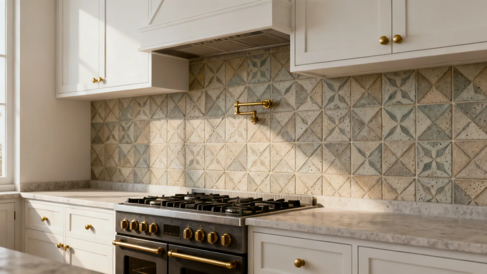 White cabinets framed by muted geometric encaustic or cement-look patterned tiles behind the range.