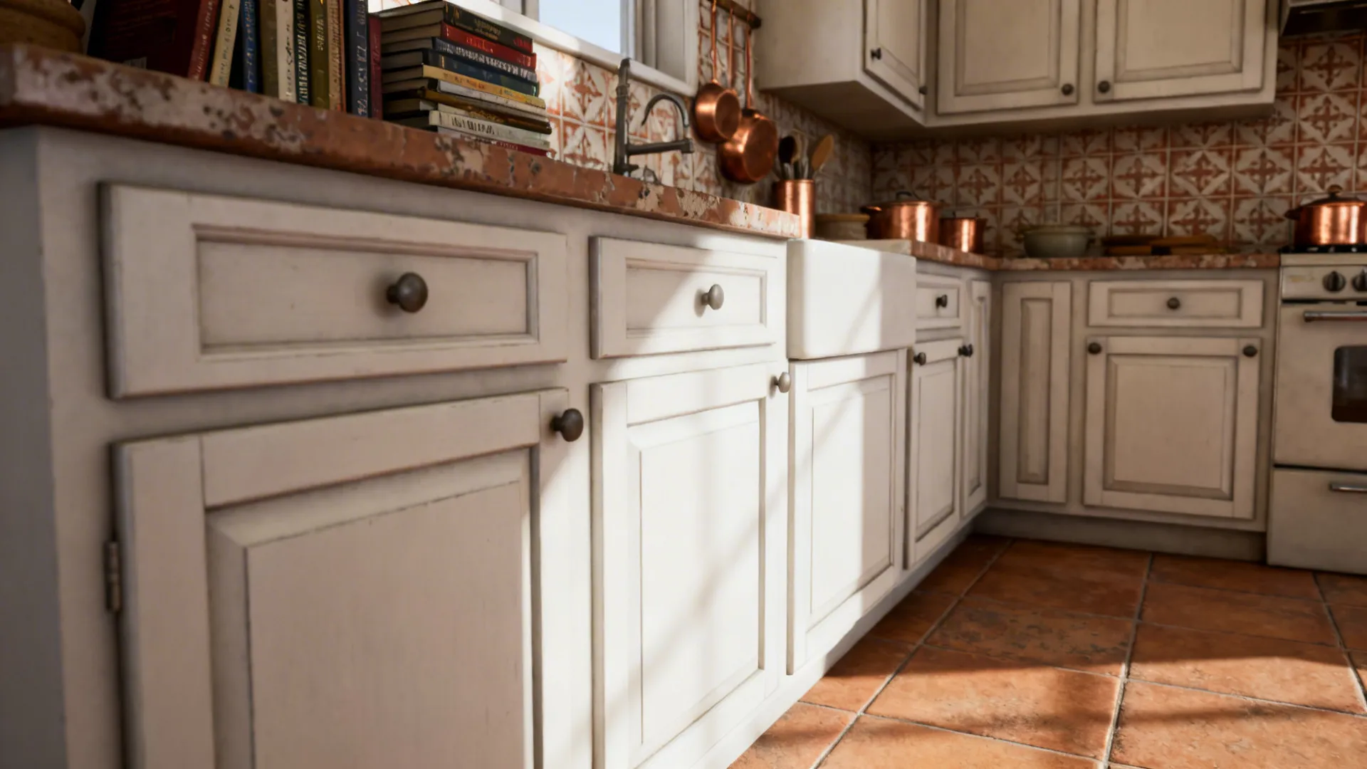White cabinets with patterned encaustic tile backsplash showing geometric designs.