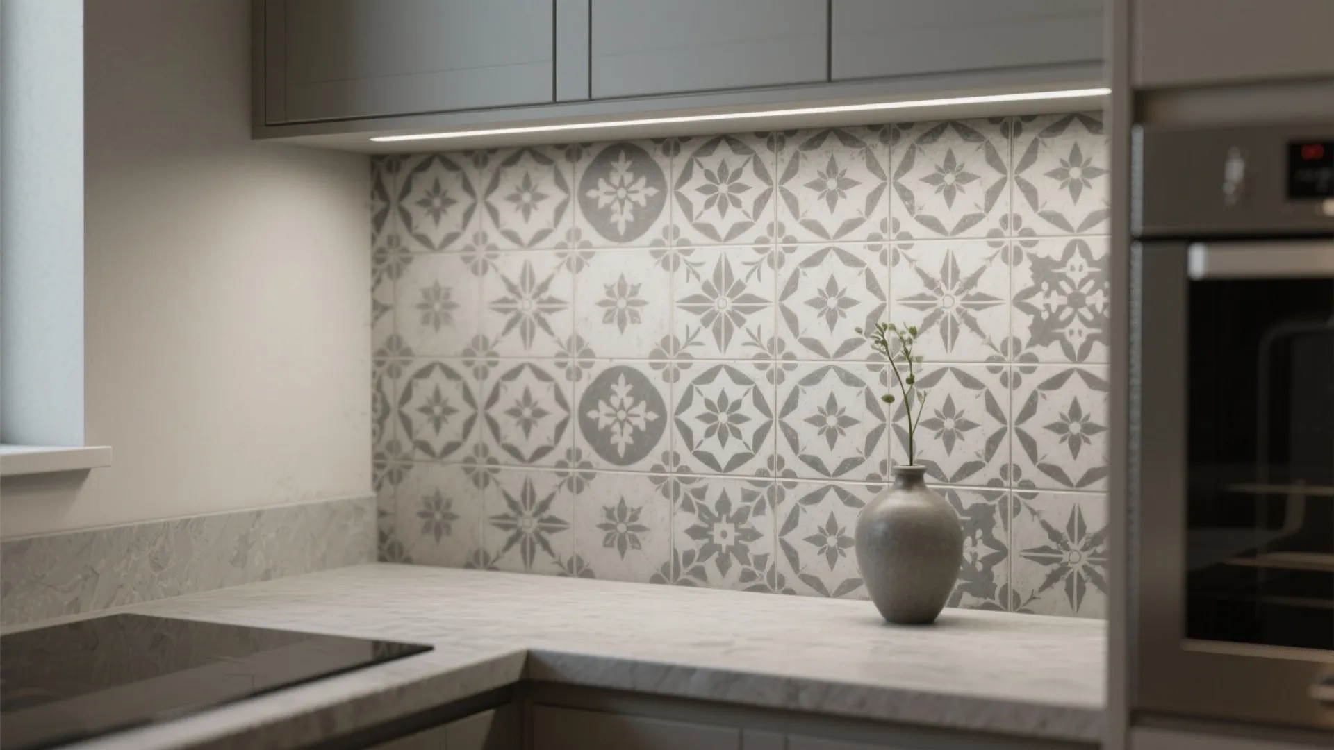 Kitchen accent area with patterned encaustic-look gray tiles framed by simple countertops.