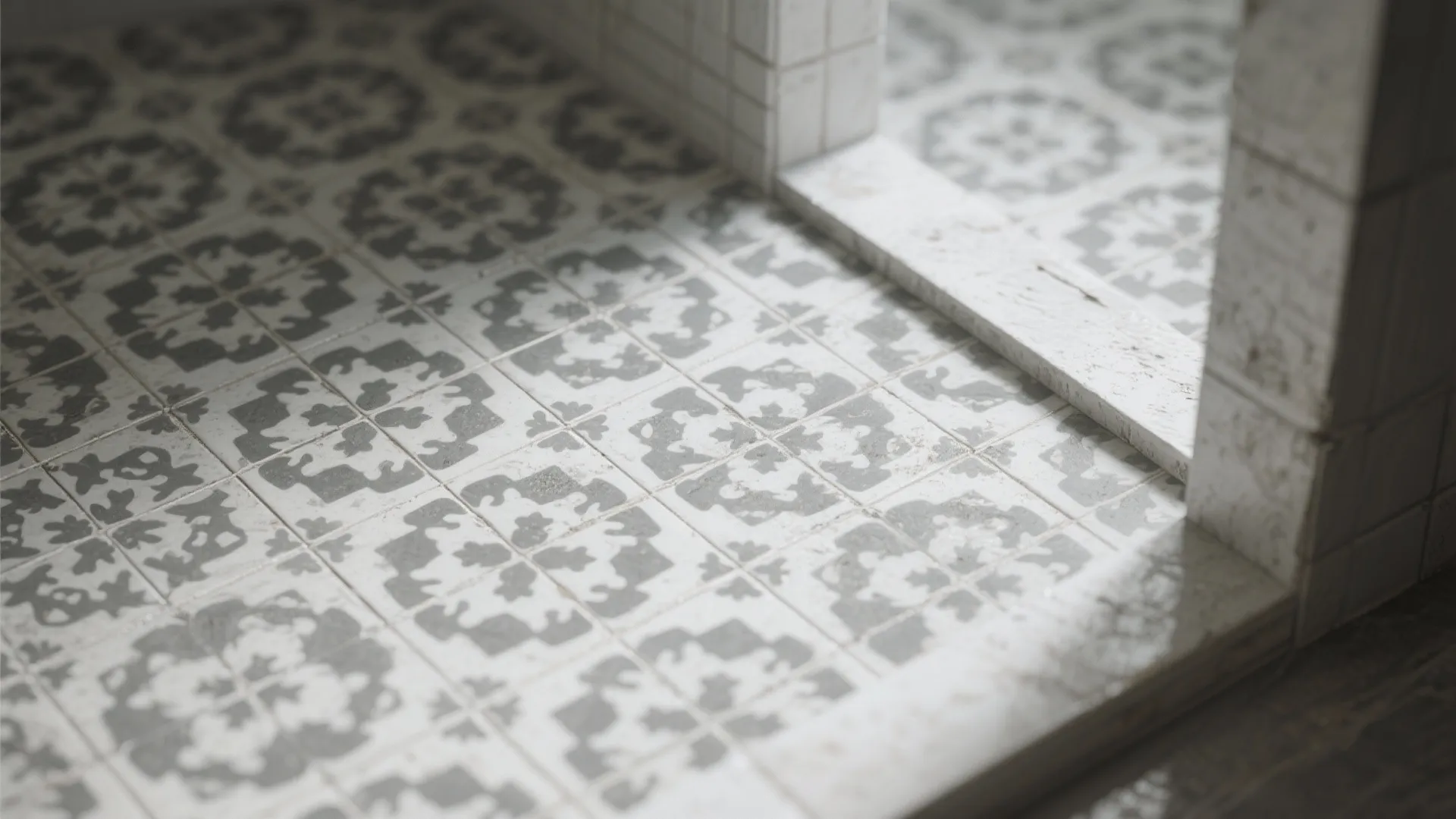 4. Patterned grey-and-white encaustic look tiles