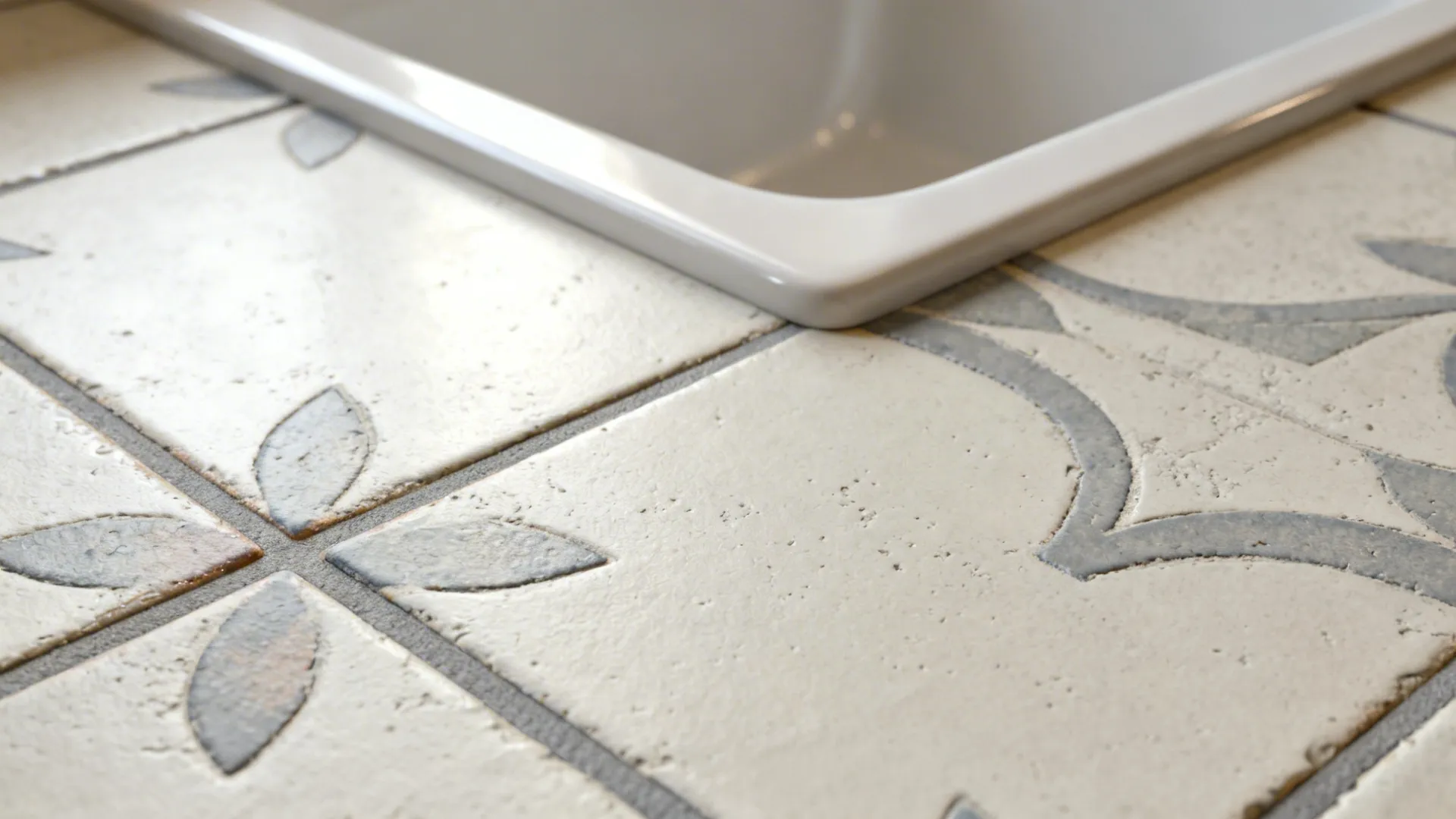 Macro of patterned cement tile with sealed matte finish and gray grout.