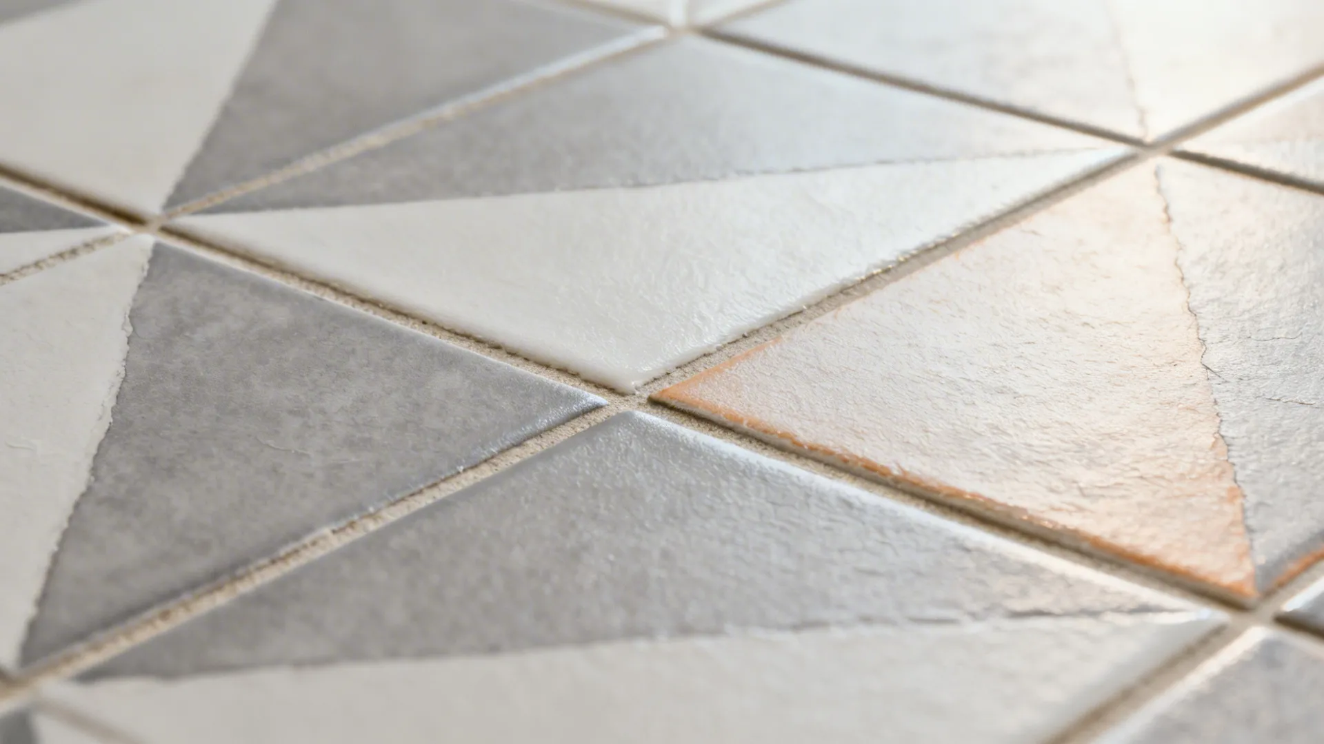 Macro of geometric encaustic-look tile in soft gray and warm white with clean grout lines.