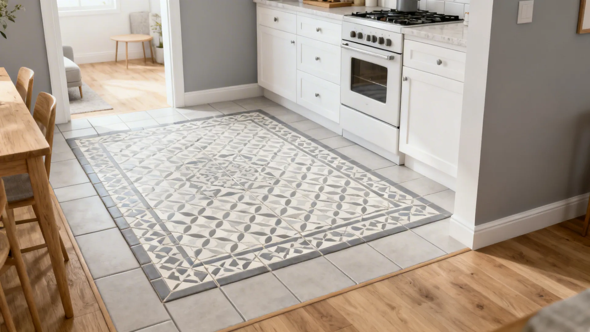 Small kitchen with a soft gray encaustic-style tile rug that zones the cooking area.