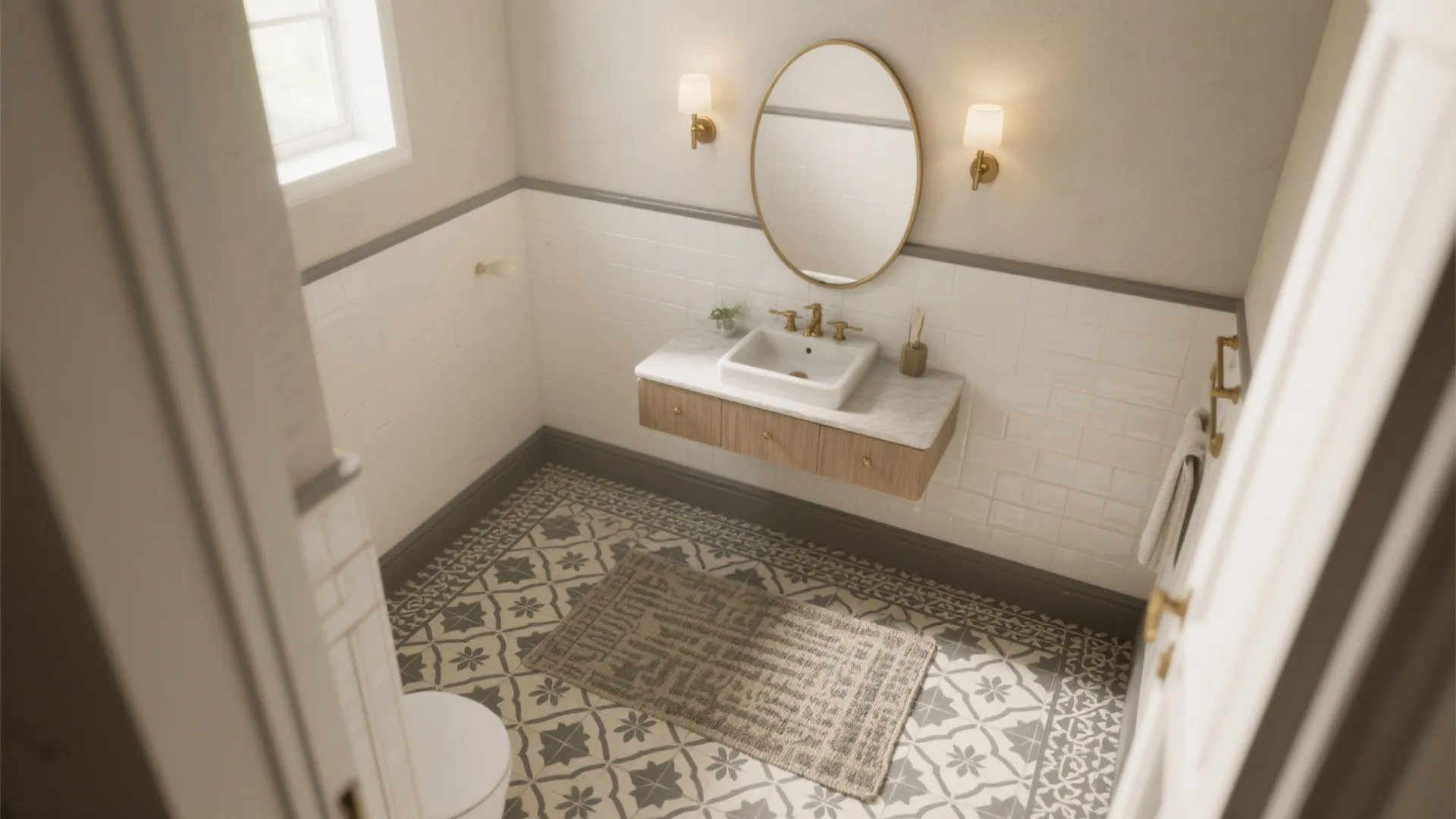 Patterned Encaustic-Style Floor + Calm Satin Wall