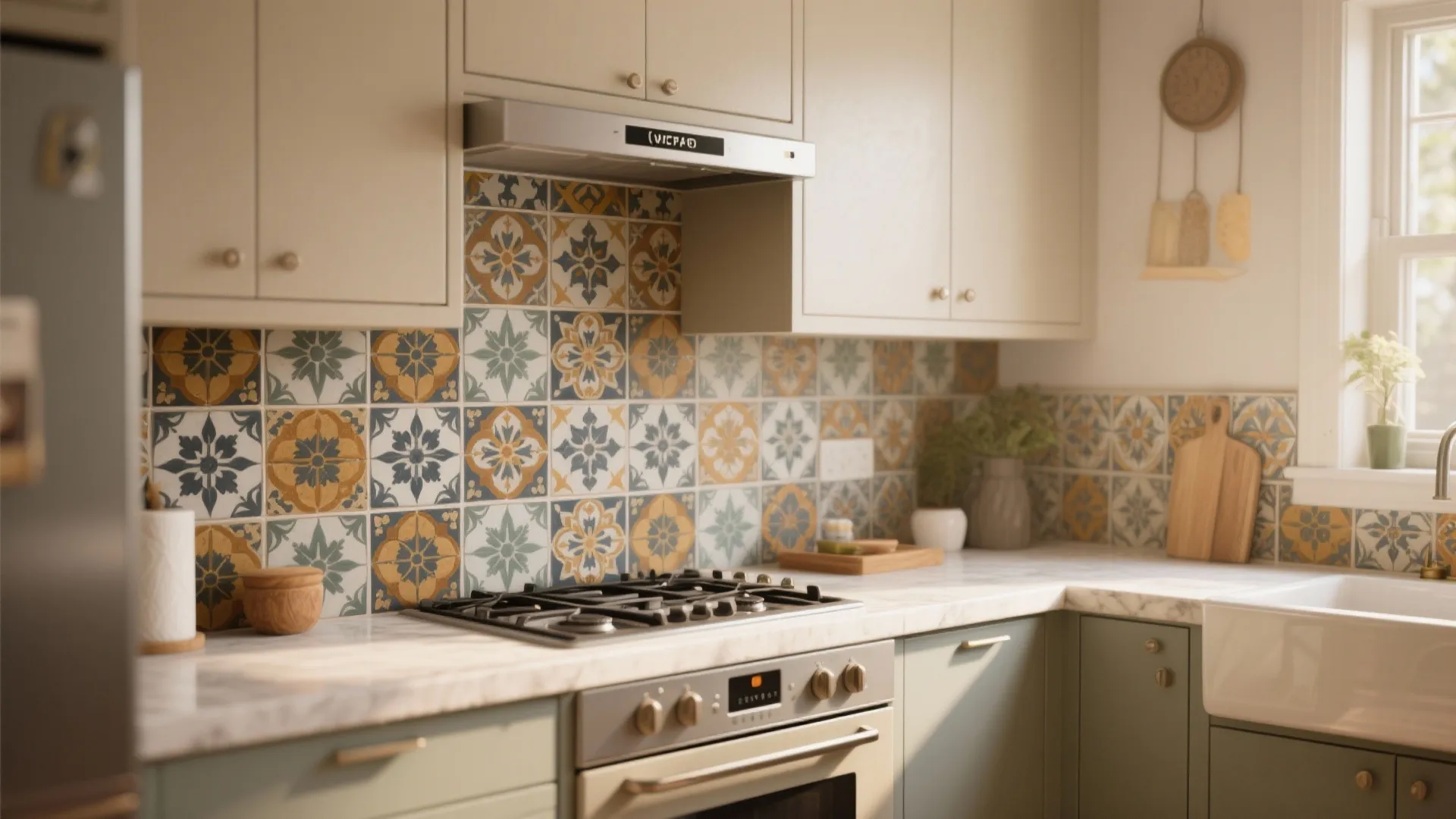 3. Patterned encaustic-style tiles as a focal strip