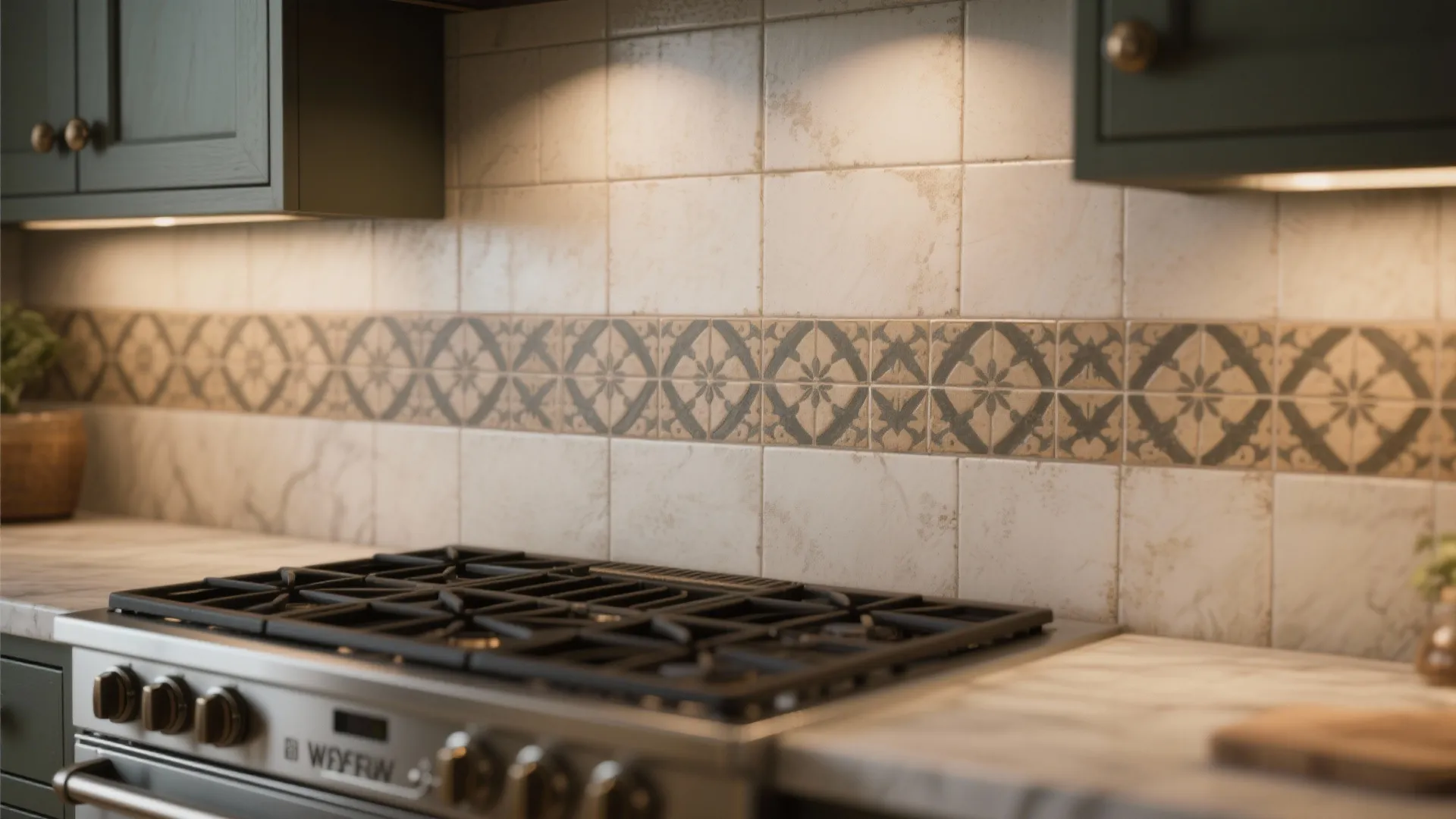2. Patterned encaustic or geometric tiles as a focal strip
