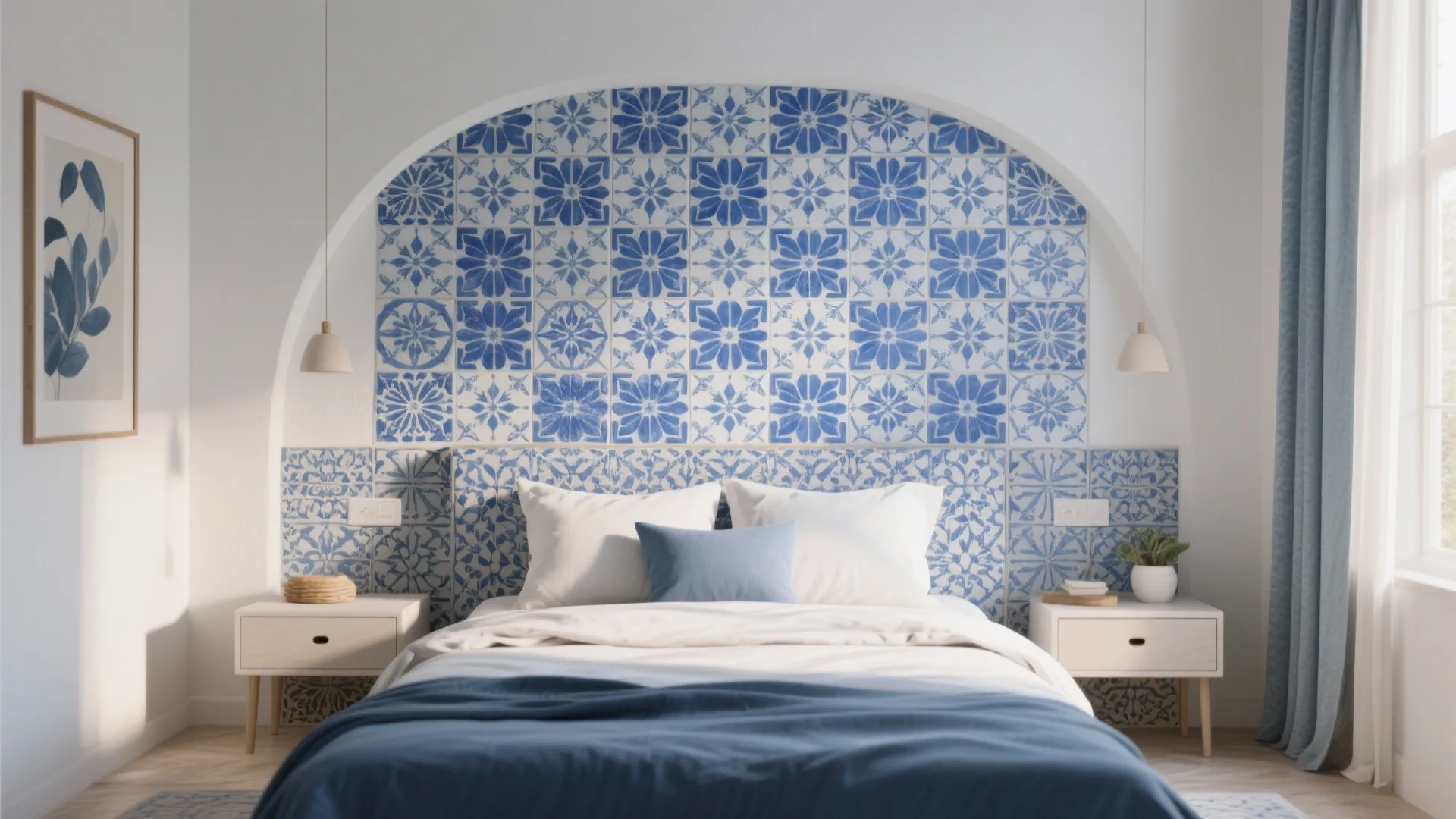 Bright bedroom with blue patterned wall tiles, white bedding, blue curtains, and two white nightstands