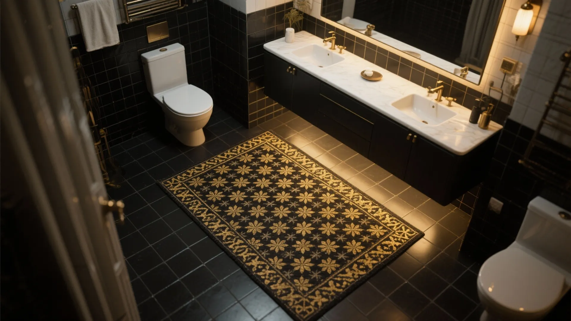 5. Patterned black-and-gold encaustic tiles as a rug