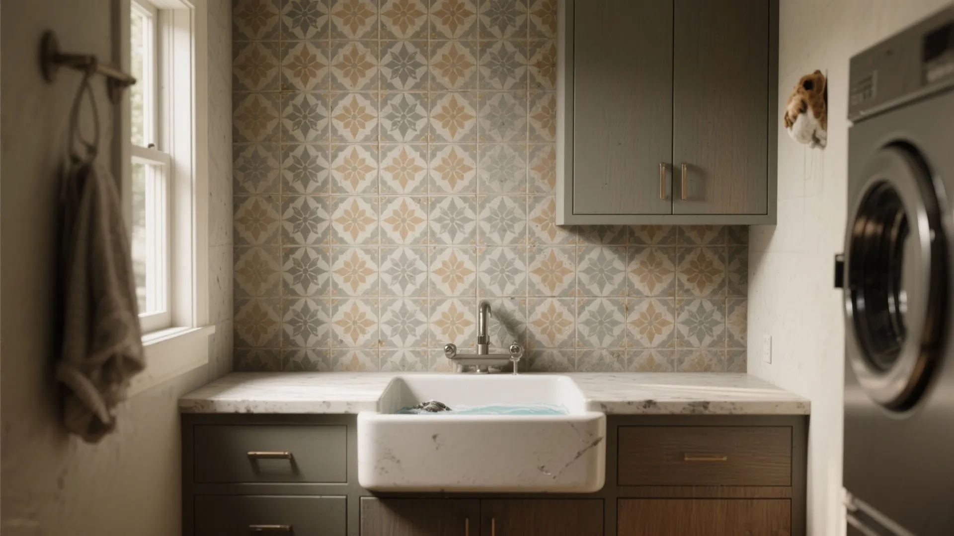 Laundry room with patterned wall tiles white sink grey cabinet wooden drawer and washing machine