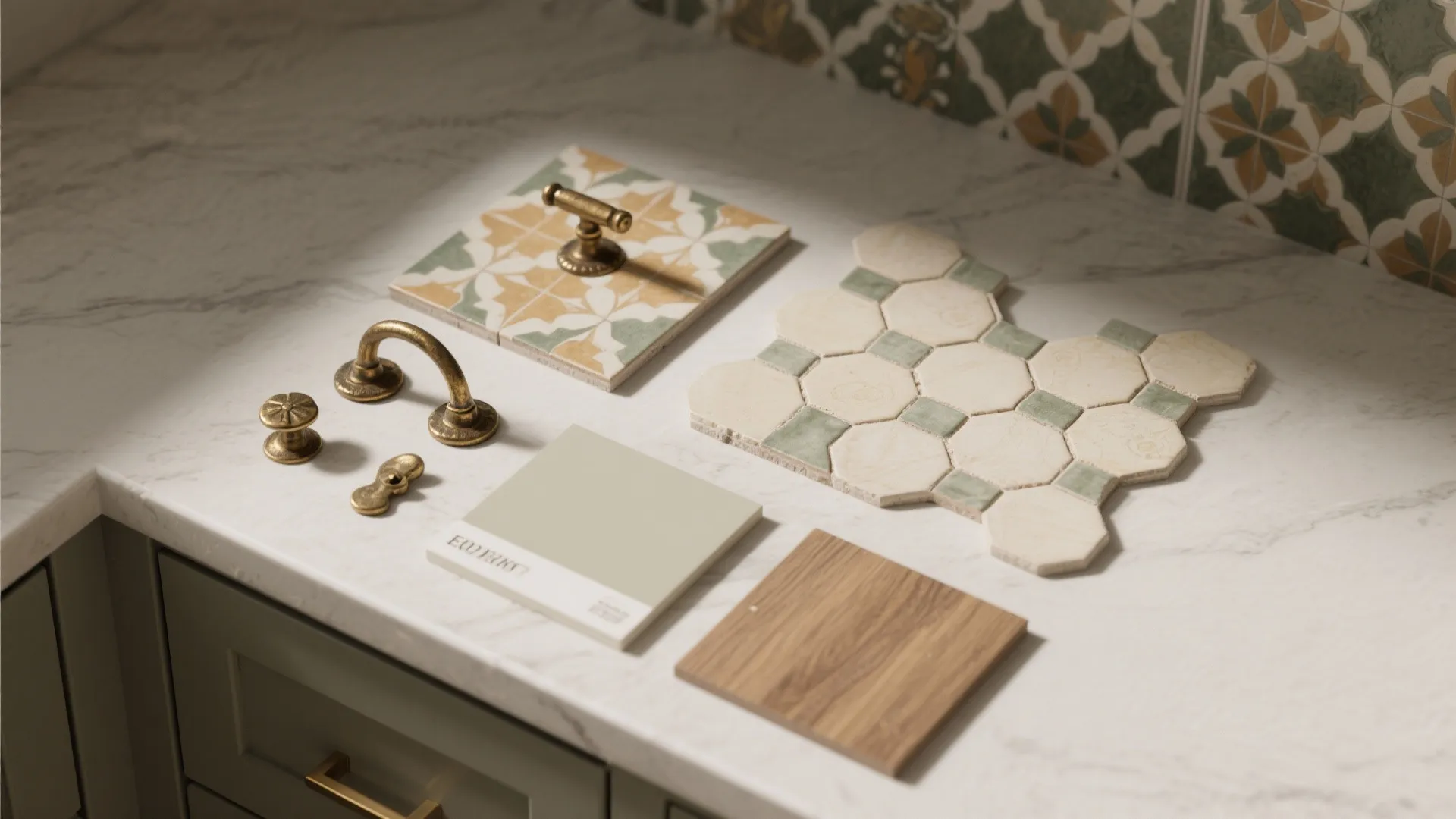 Interior design material selection with patterned tiles brass handles color samples and wood piece on marble