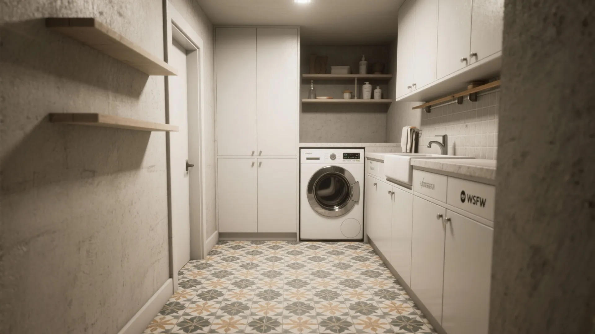 Modern laundry room featuring colorful patterned floor tiles with white cabinets and a washing machine