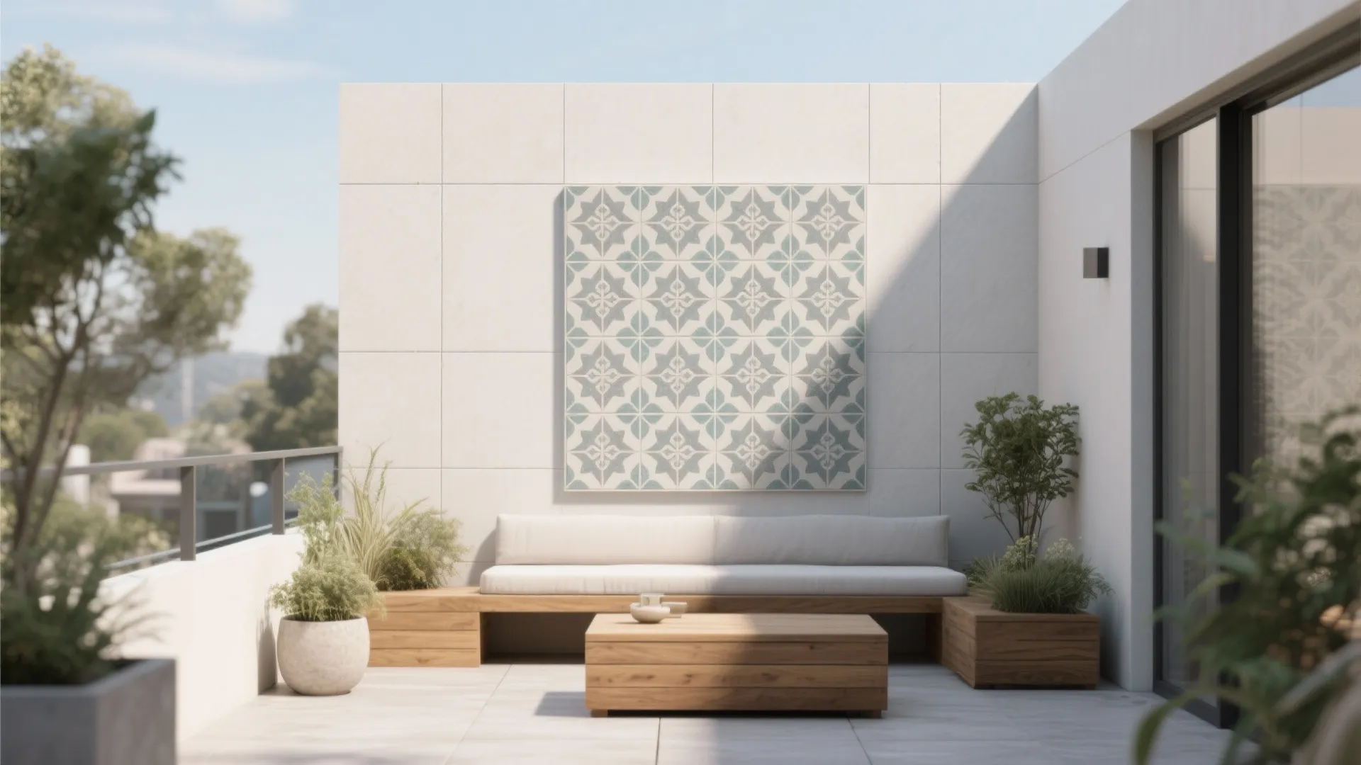 Modern outdoor patio with white sofa wooden coffee table blue patterned wall tile and plants
