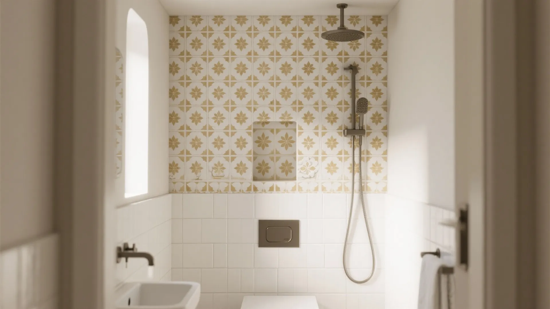 Modern bathroom featuring floral pattern wall tiles, white square tiles, shower head, and small sink