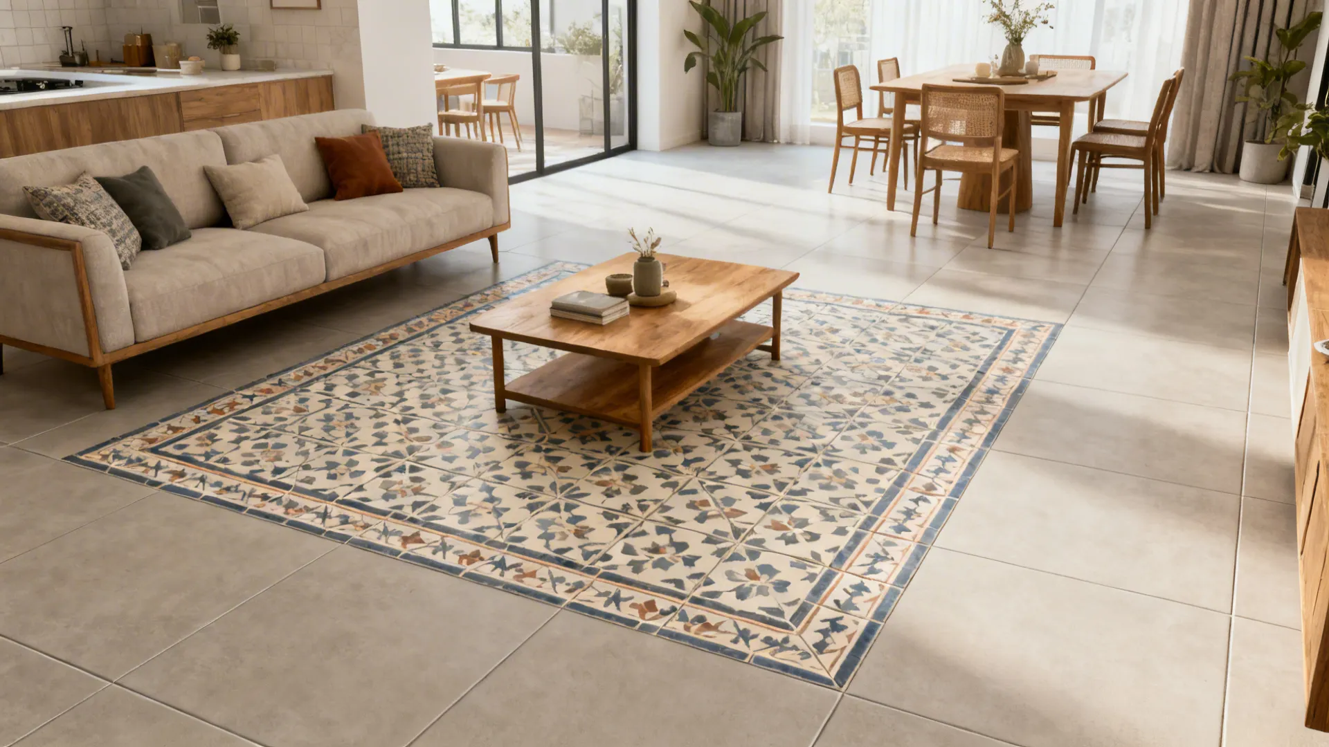 Patterned encaustic-look porcelain tile rug defines the seating zone in an open-plan living room.