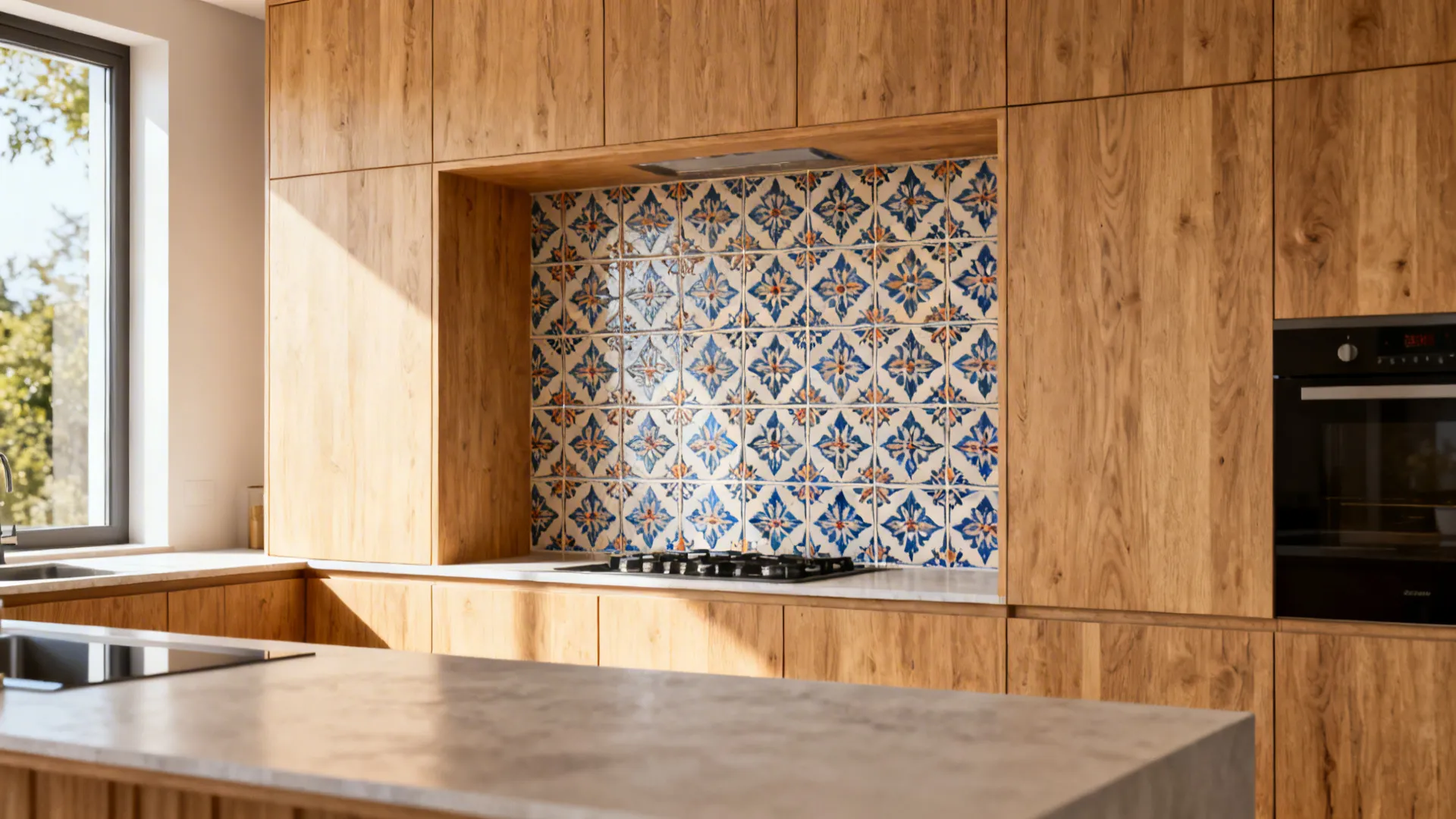 Kitchen with a defined zone of patterned encaustic-look tiles framed by plain oak cabinets.