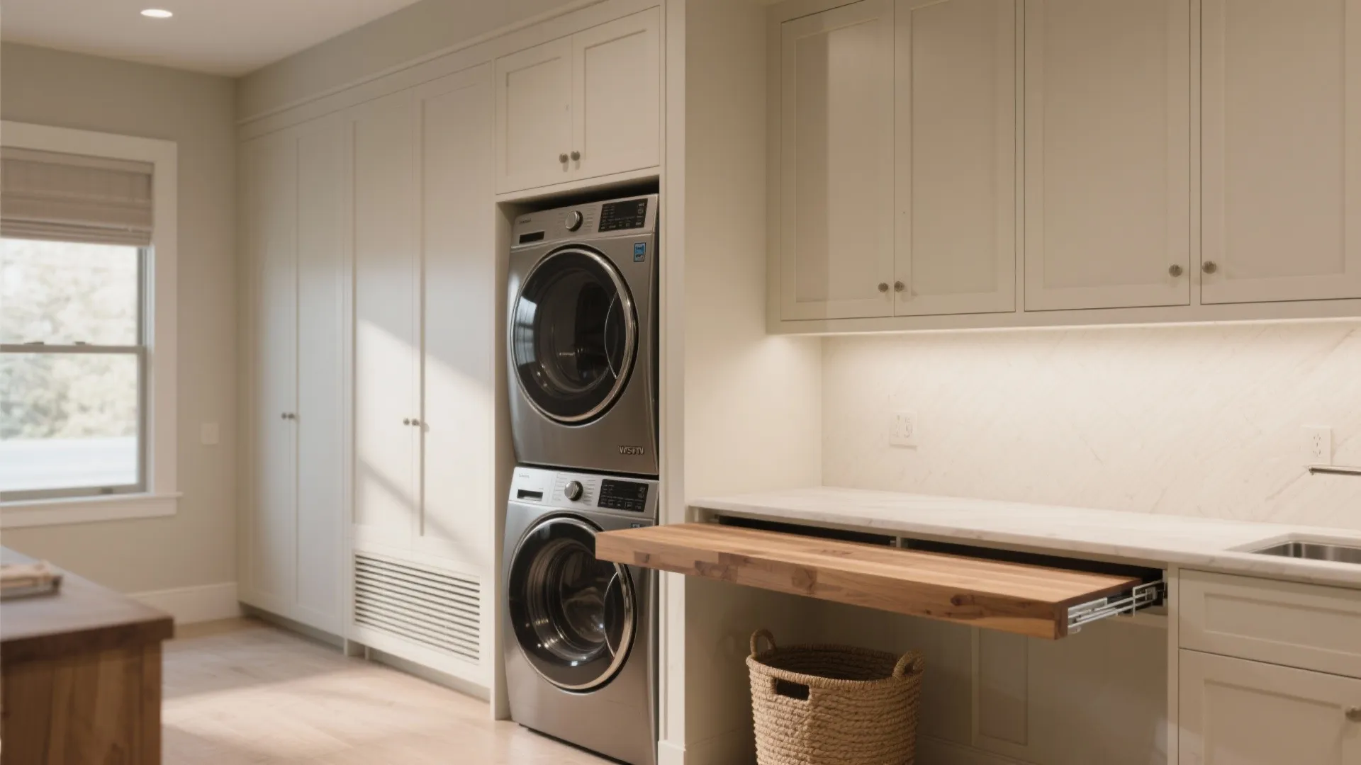 Built-in cabinet concealing a stacked washer dryer with a pull-out work surface and removable service panels.