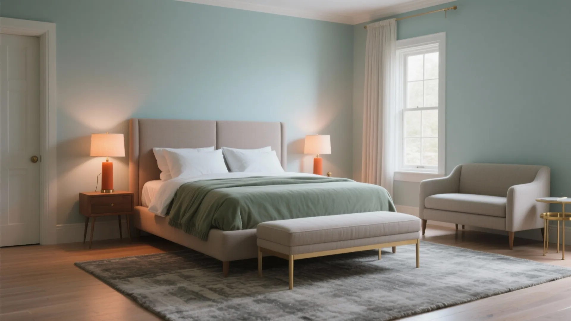 Modern light blue bedroom with a large bed white pillows green blanket and grey sofa