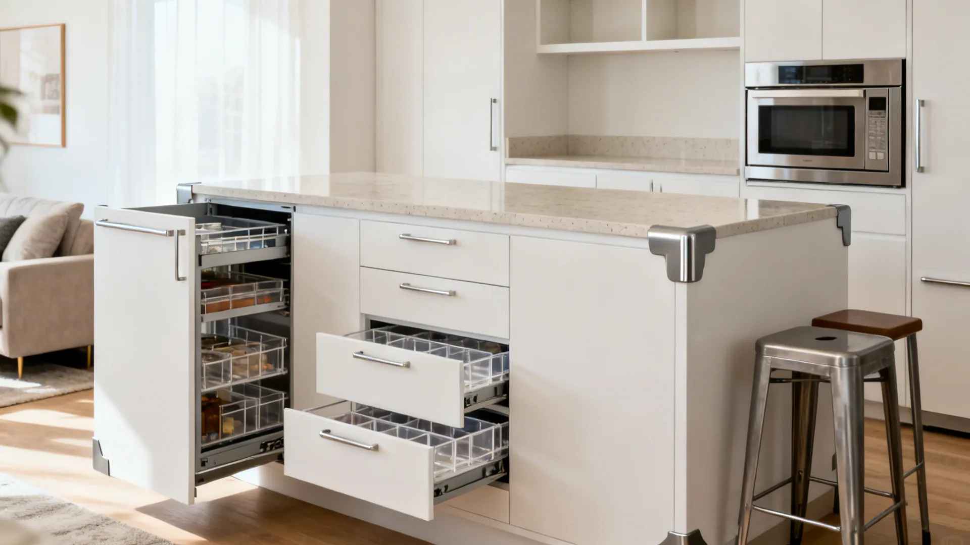 Island with a pull-out end-cap pantry and hidden microwave drawer, clearances for stools and doors.