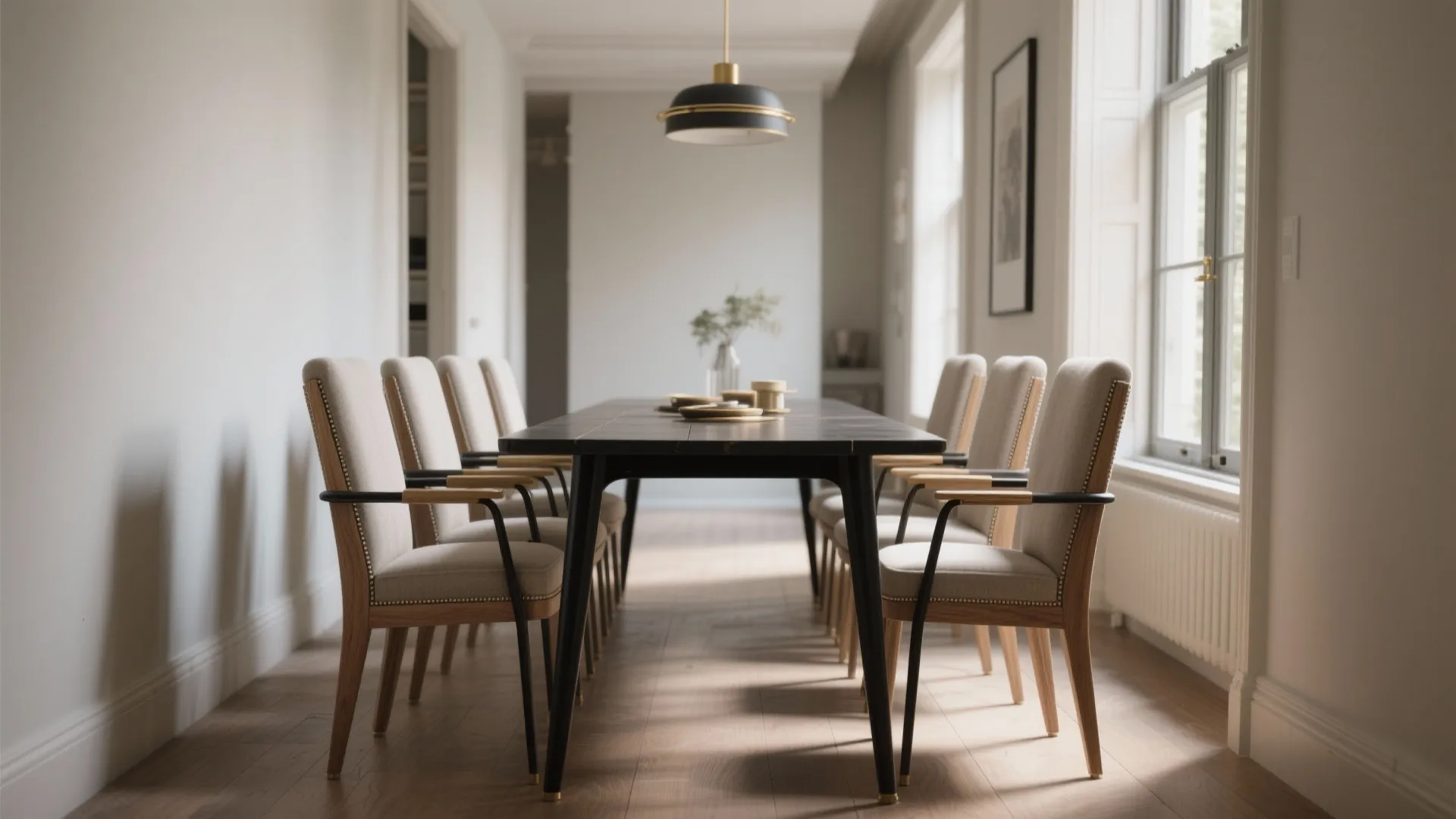 Long dark dining table with beige upholstered chairs under a hanging black modern ceiling light