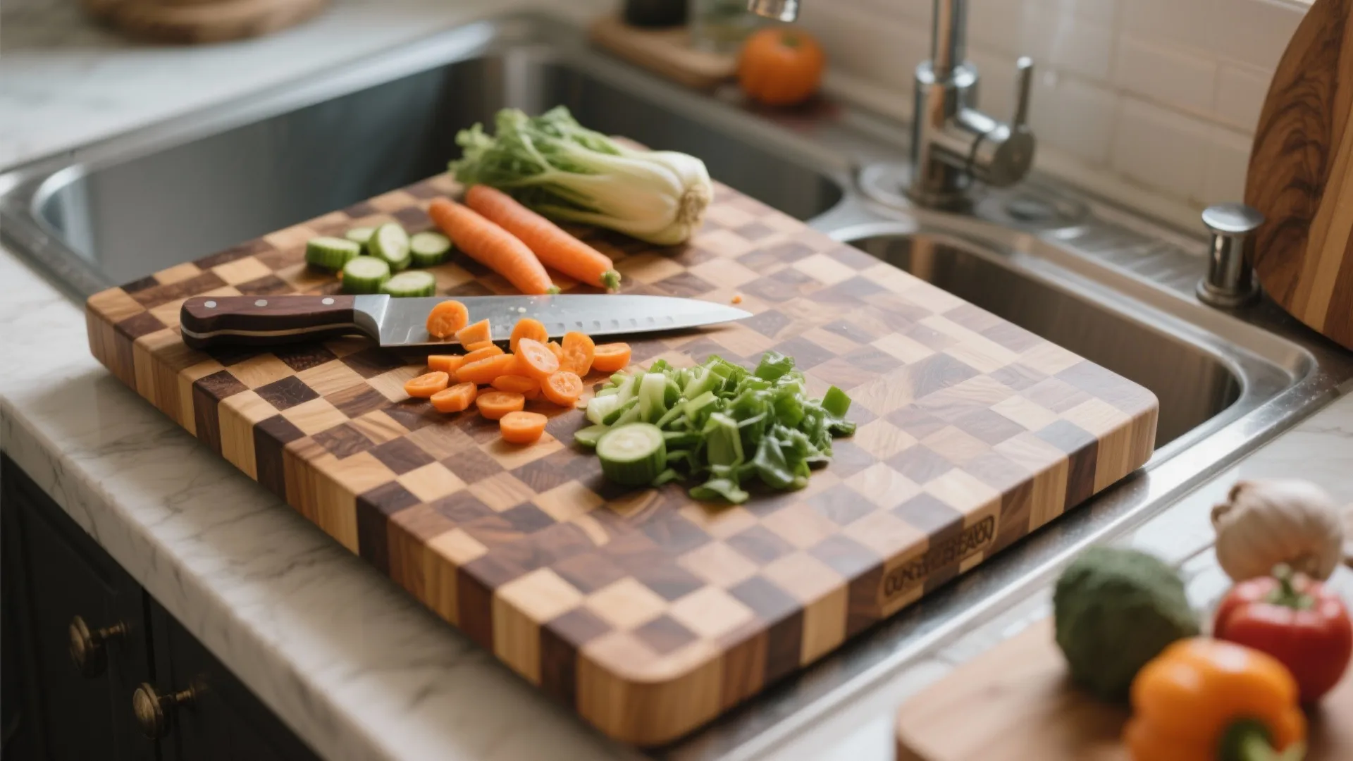 Checkerboard wooden cutting board with chopped carrots and green vegetables in a modern kitchen sink