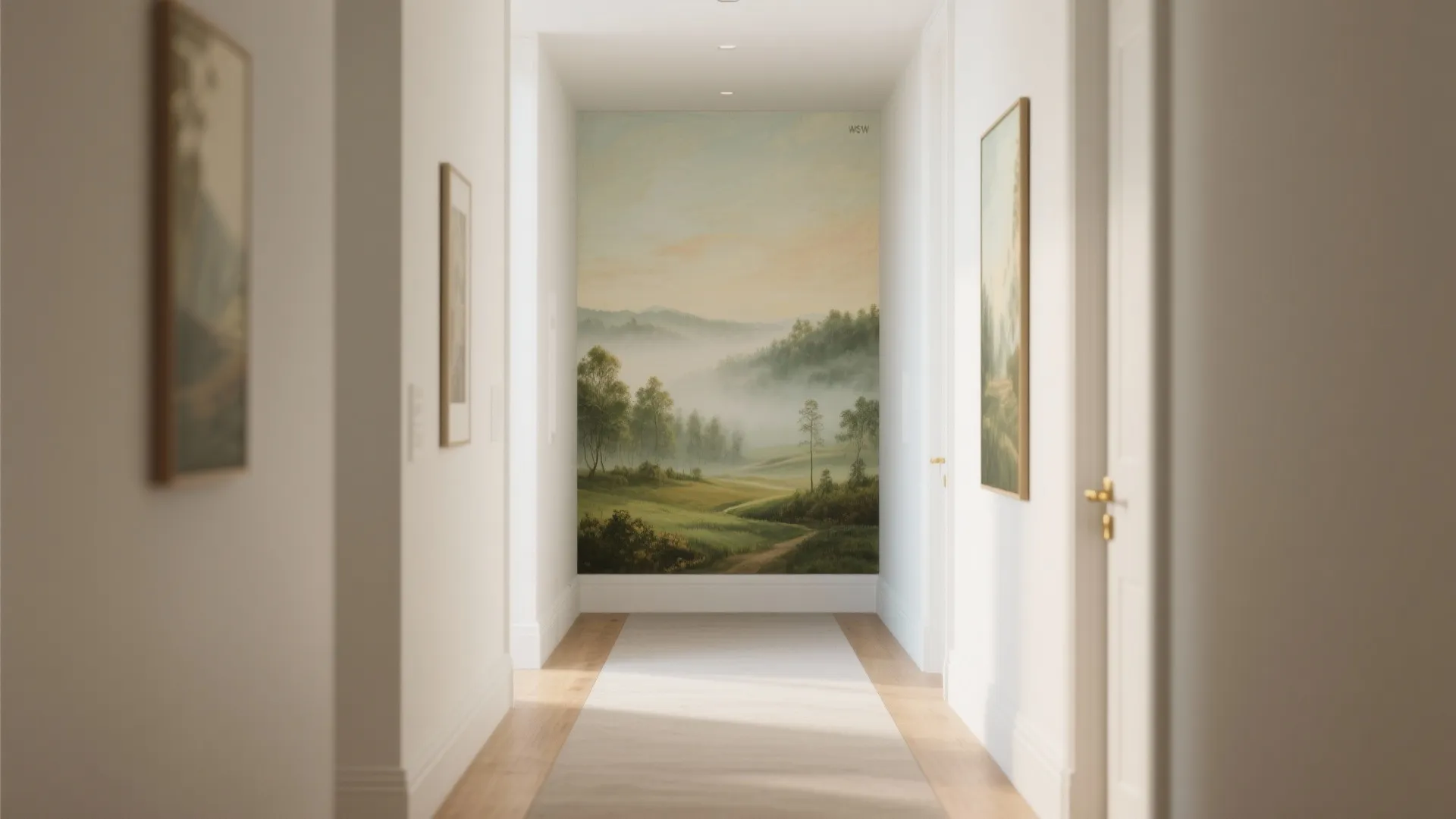 Bright white hallway with wooden flooring and a large nature wall painting at the end