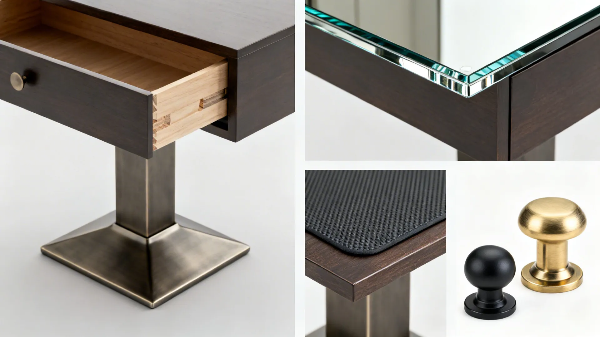 Close up views showing wood drawer construction glass table top textured surface and metal cabinet knobs