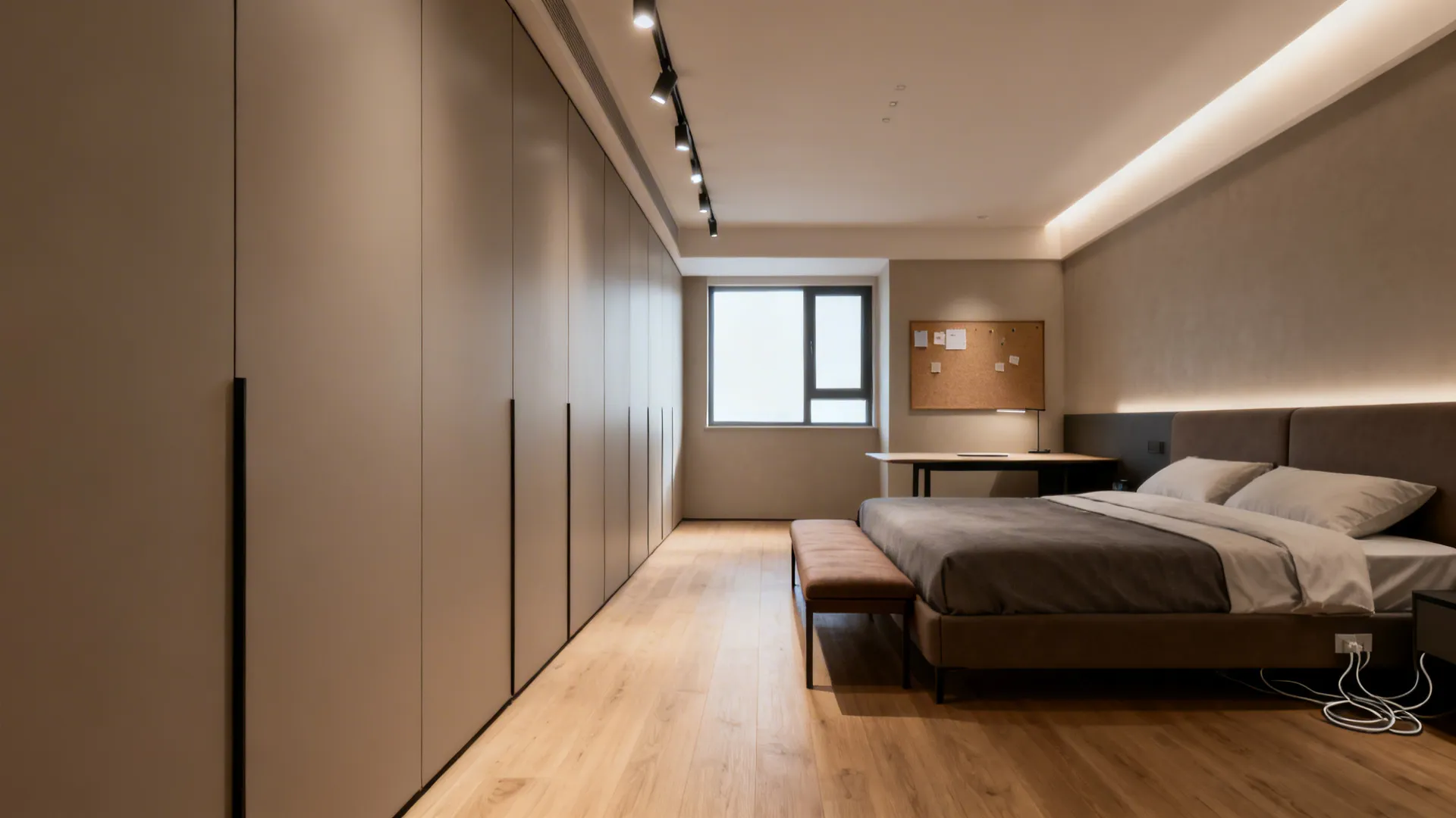 Modern bedroom with tall beige cabinets wooden floor grey bed and desk near the window