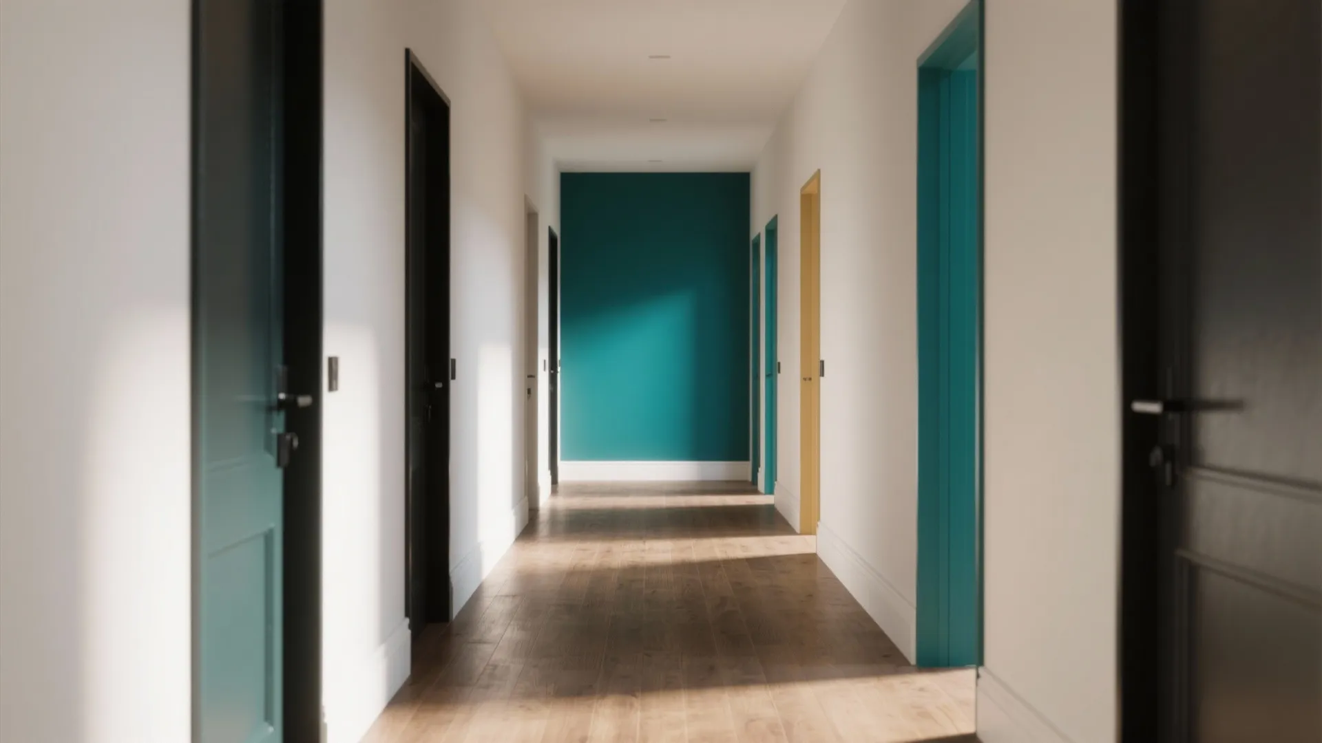 Modern narrow white hallway with wooden floor and a dark teal accent wall at the end