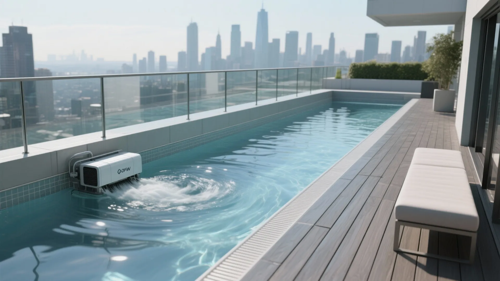 Rooftop lap pool with water machine white bench wood deck and city skyline in background