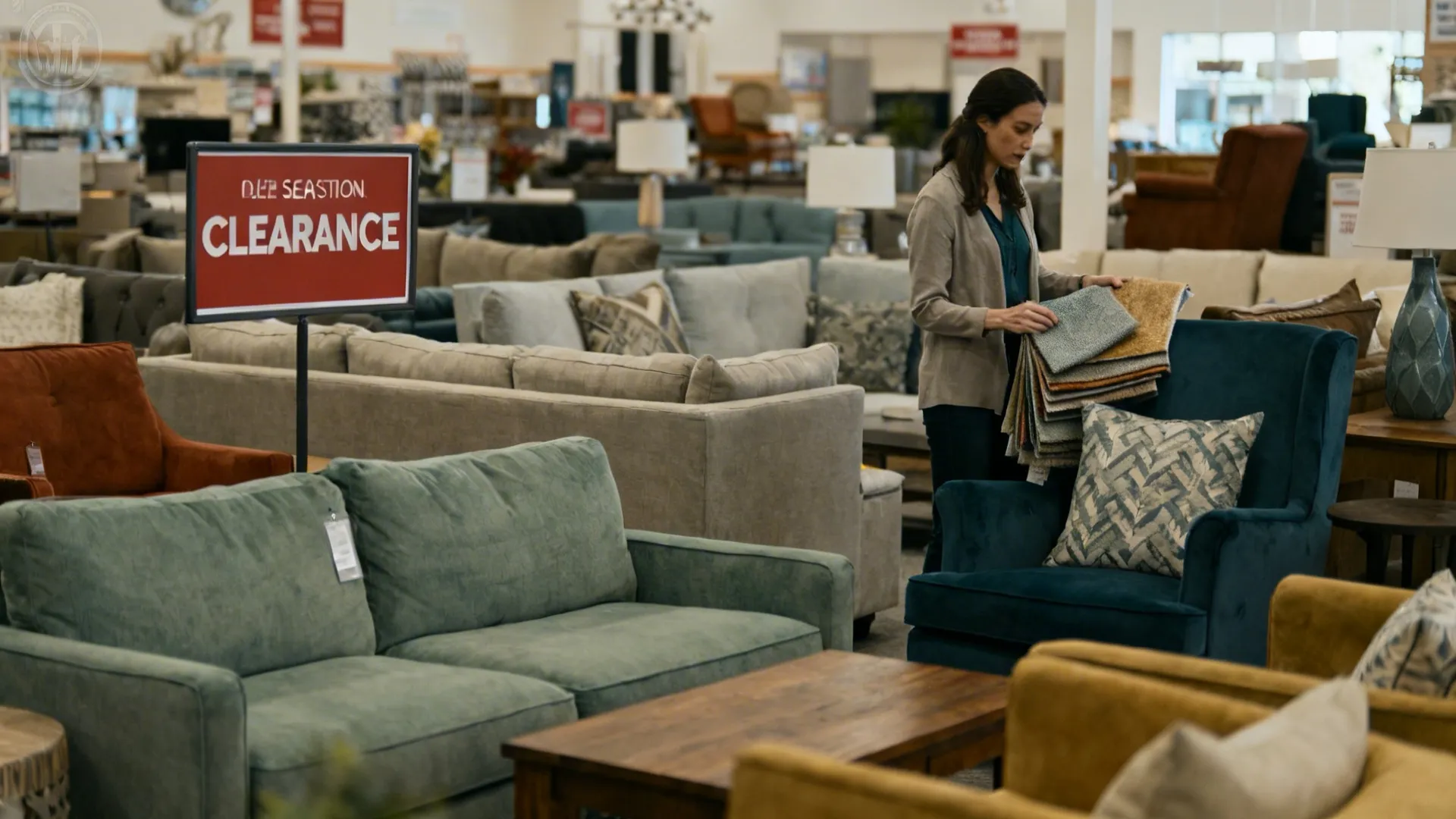 Clearance area with last-season sofas and a shopper checking fabric swatches
