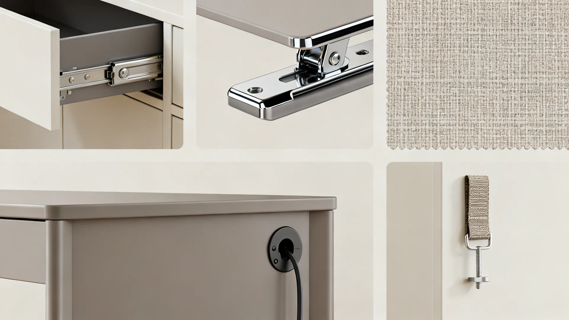 Collage of hardware and material details: soft-close slider, lift hinge, fabric swatch, cable grommet, furniture anchor.