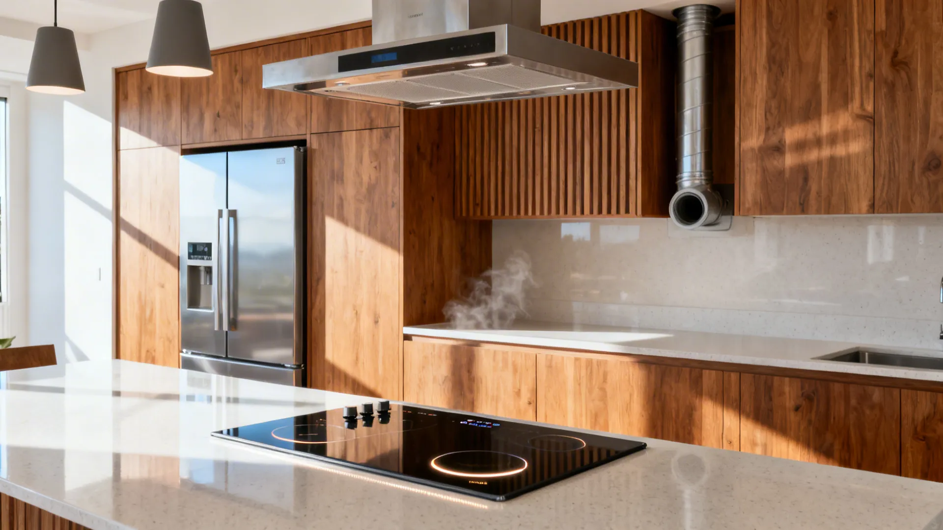 NZ kitchen with induction cooktop, integrated efficient fridge, and discreet high-performance rangehood.