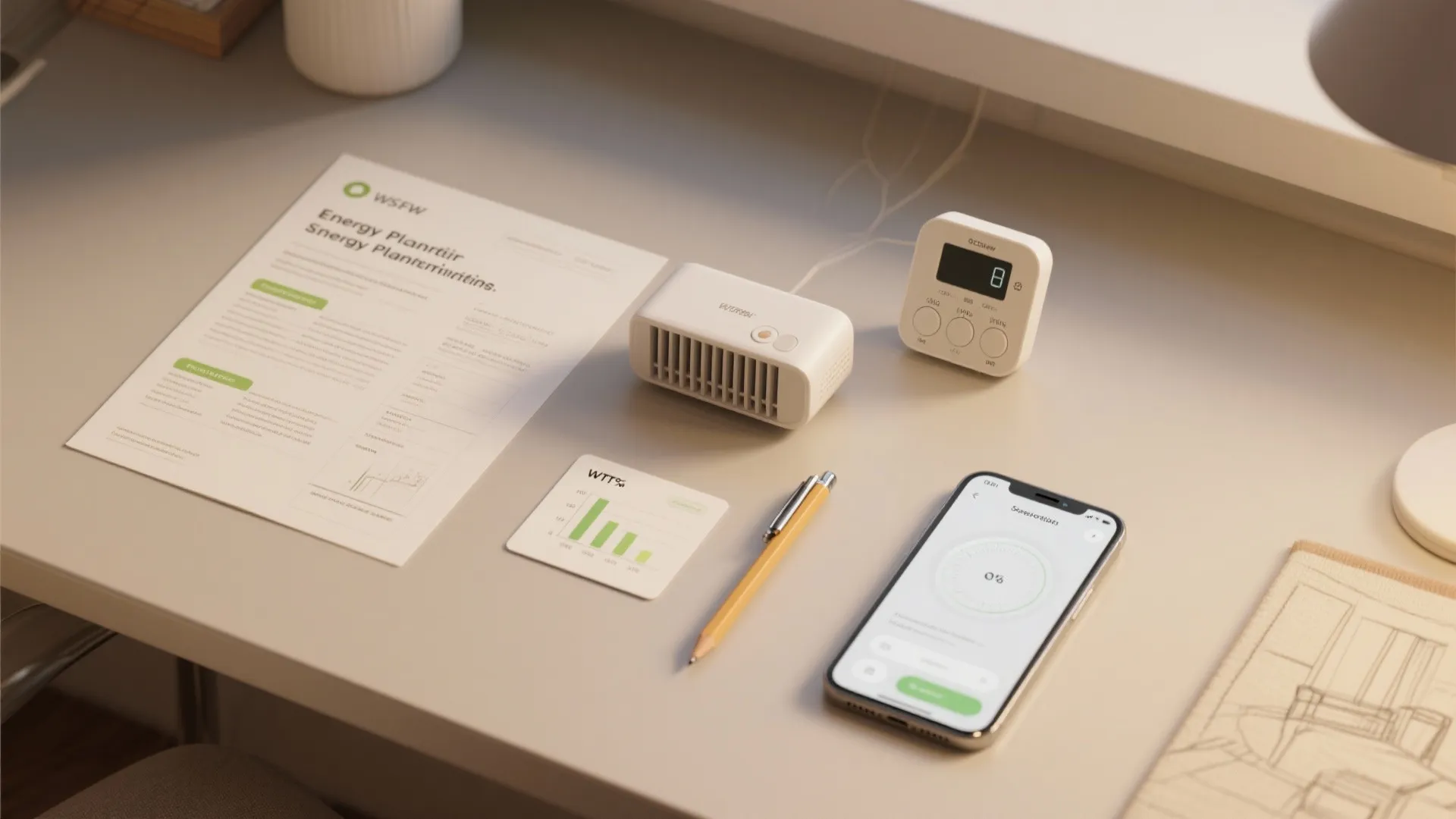 Smart home energy monitoring devices on a desk with documents a pen and a smartphone