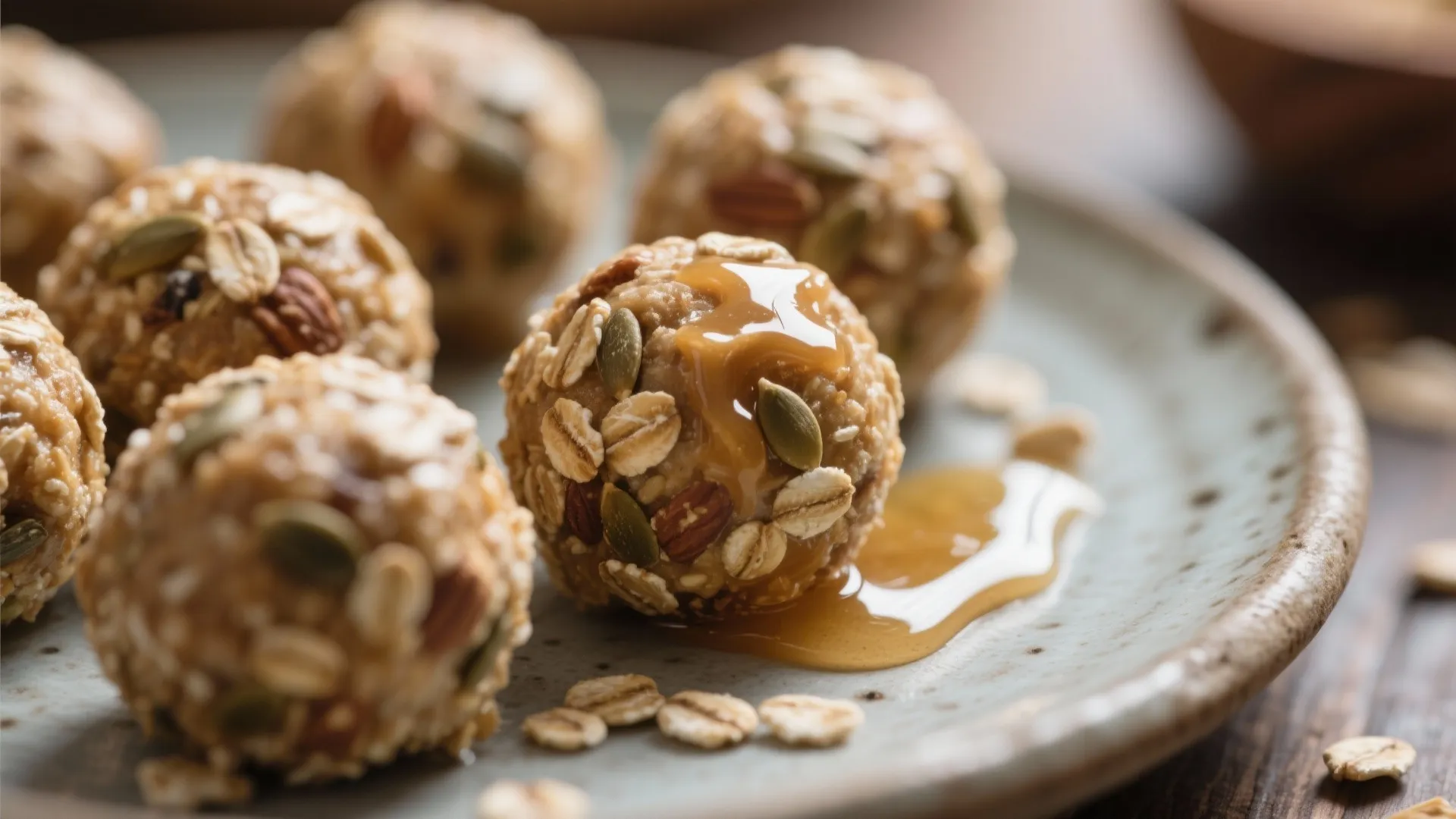 Round snack balls with oats and seeds drizzled with honey on a grey ceramic plate