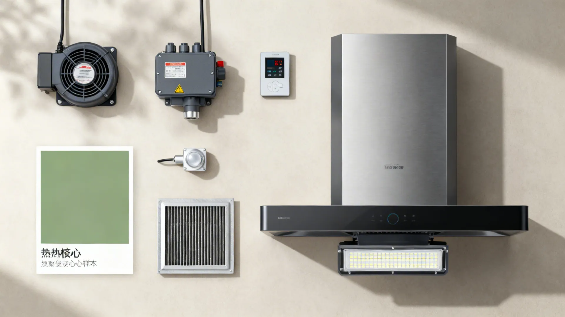 Flat lay of variable speed drive, sensors, control panel, heat recovery core, and LED module.