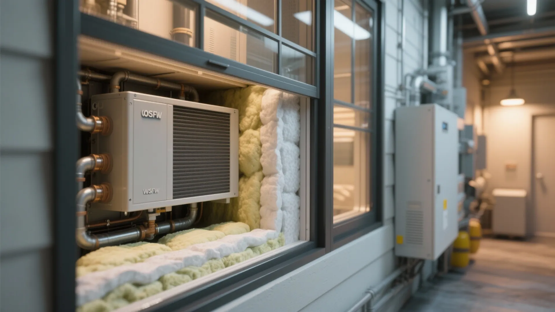 Close-up of triple-glazed window frame and efficient HVAC unit highlighting energy upgrade details