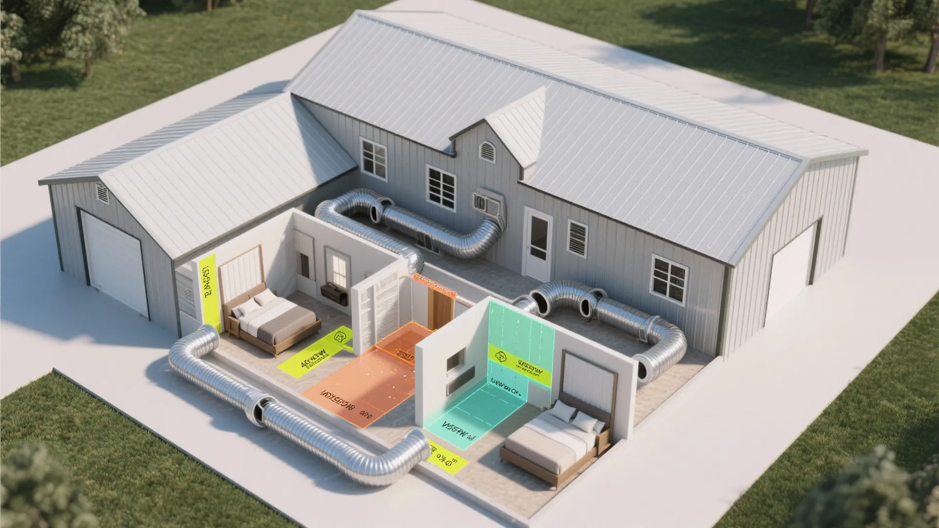 House interior design drawing showing air ducts and ventilation system for energy efficient temperature control