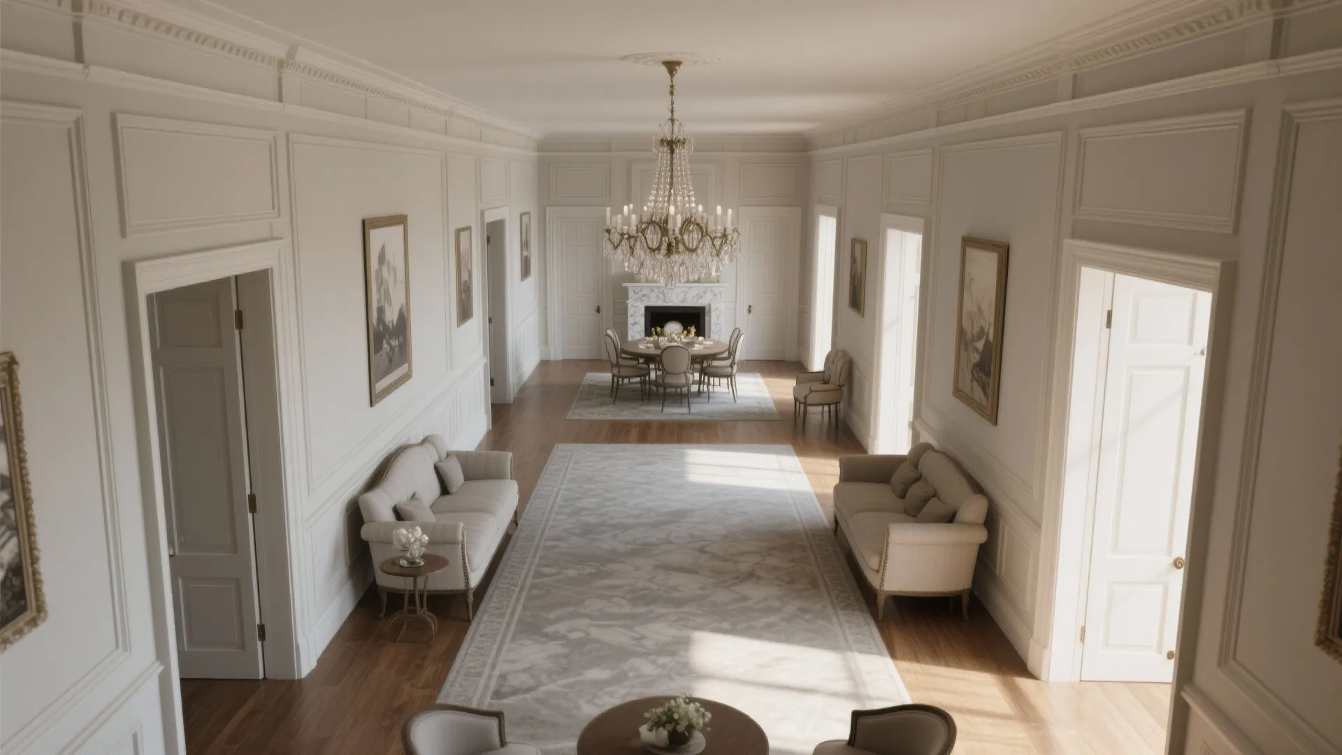Elegant white hallway interior design with wooden floors two sofas large ceiling light and fireplace