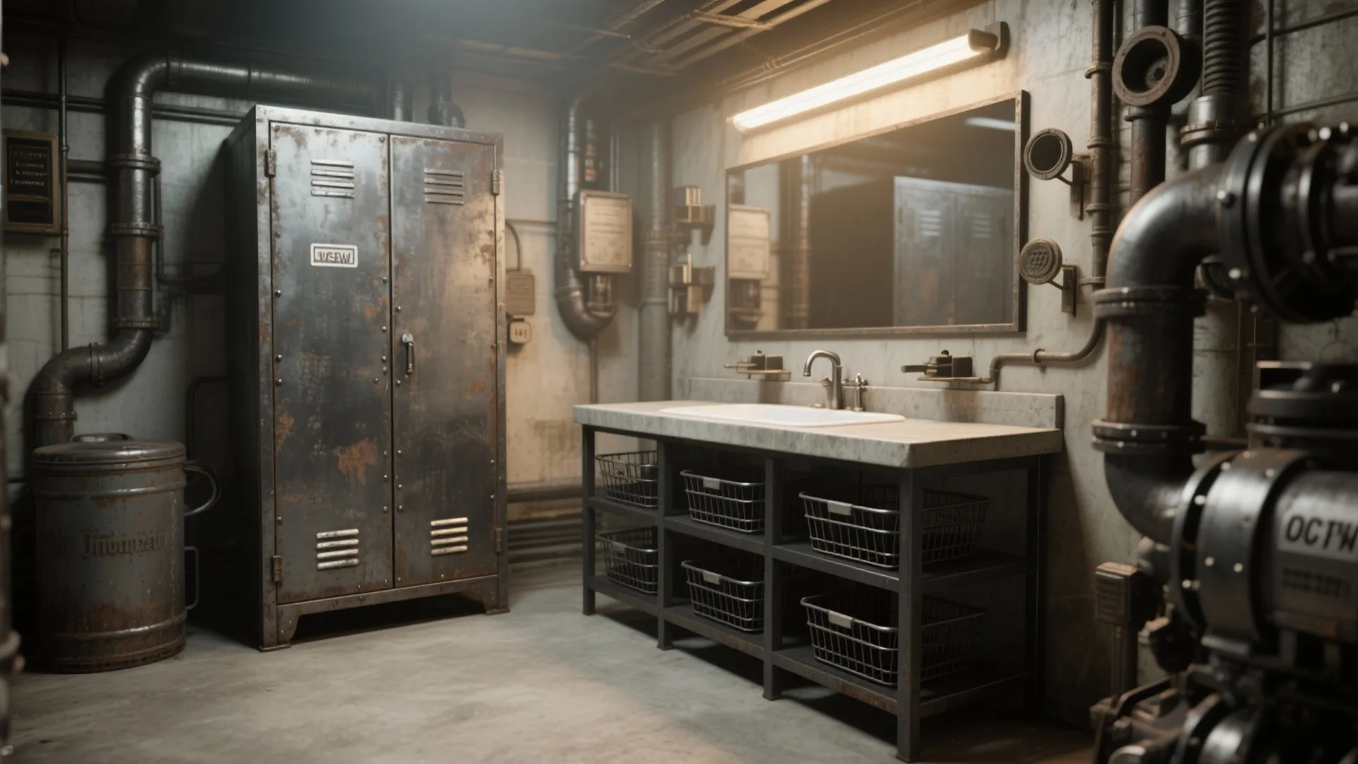 3. Engine-Room Vanity: Industrial Fixtures and Open Shelving