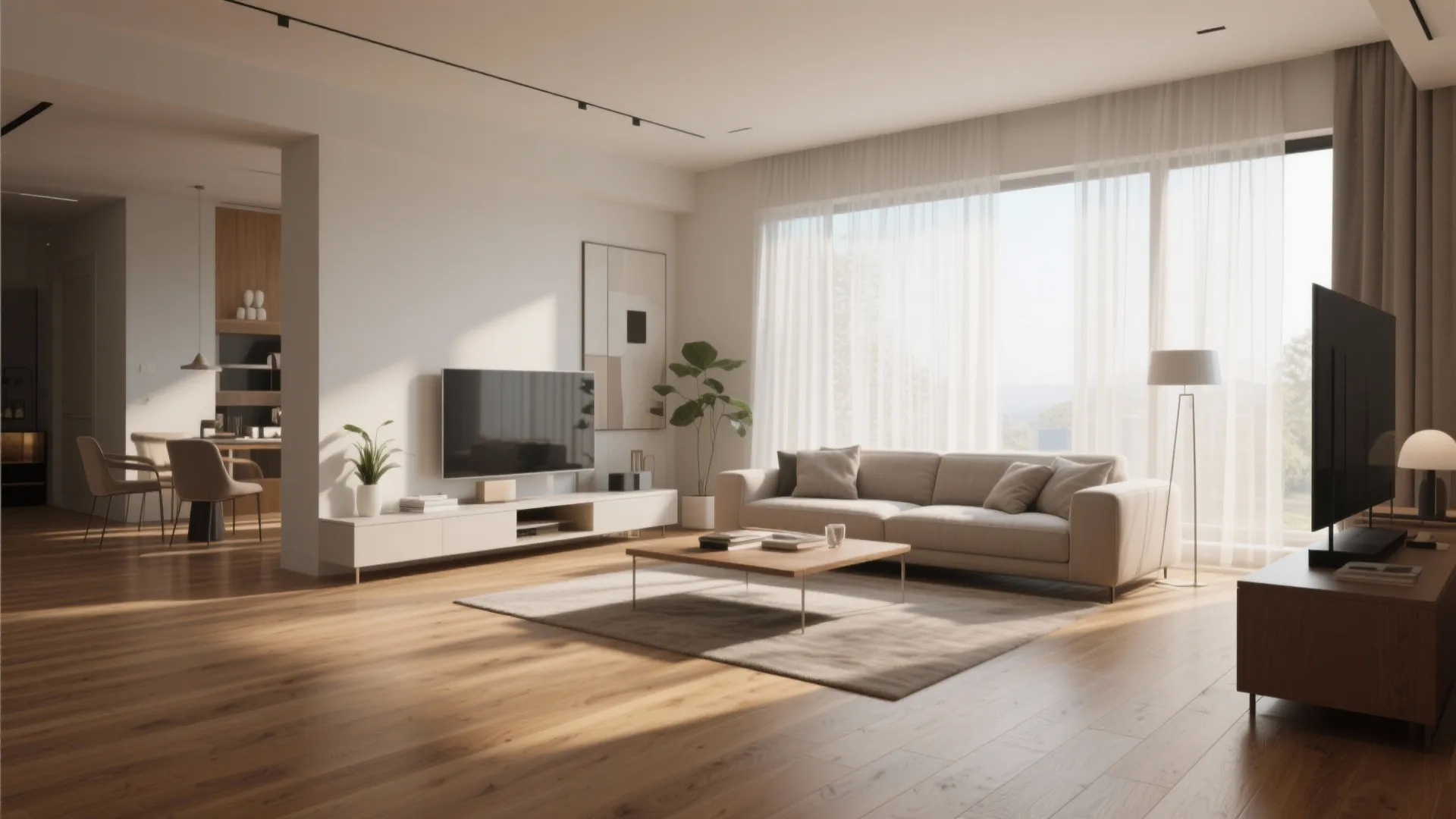 Modern living room featuring engineered hardwood flooring in warm tones