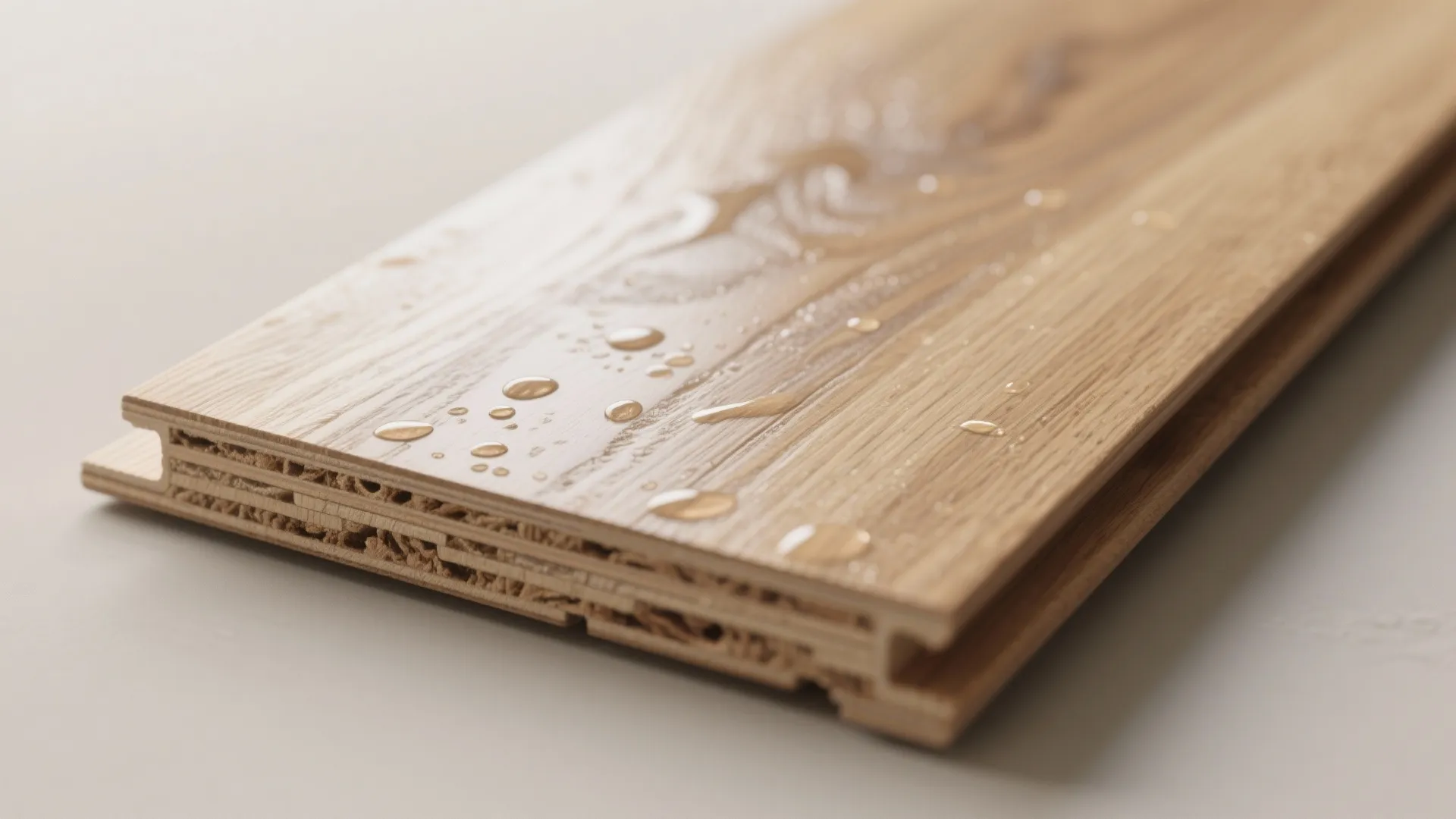 Close up of light brown wood floor plank showing water droplets on its waterproof surface