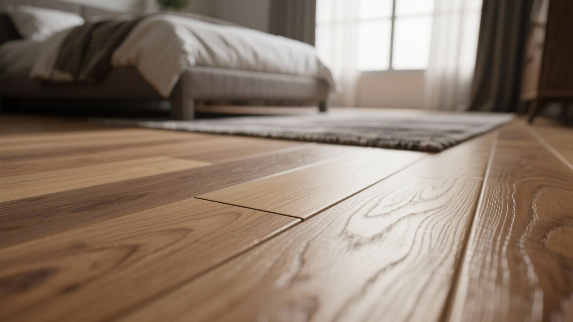 Close-up of mid-tone engineered hardwood planks with visible grain and matte finish.
