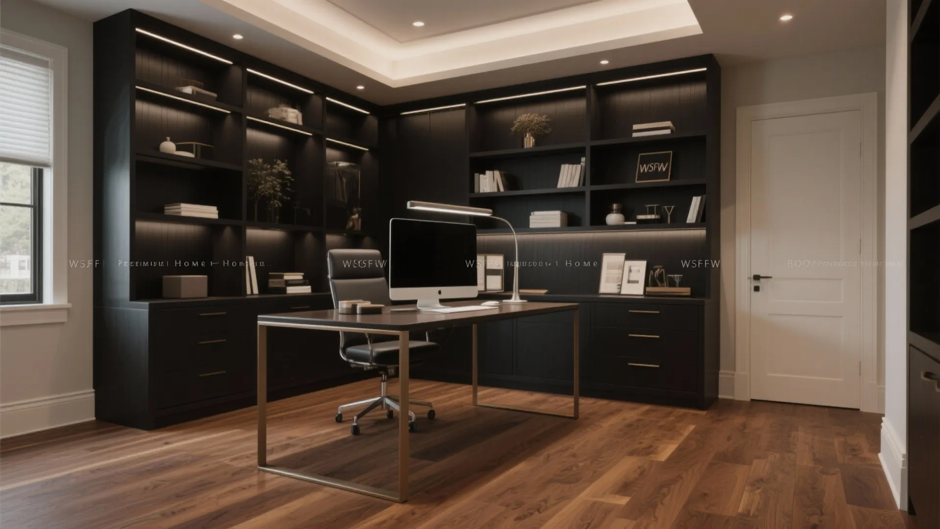 Modern office with black built in cabinets wooden floor large desk and a black chair