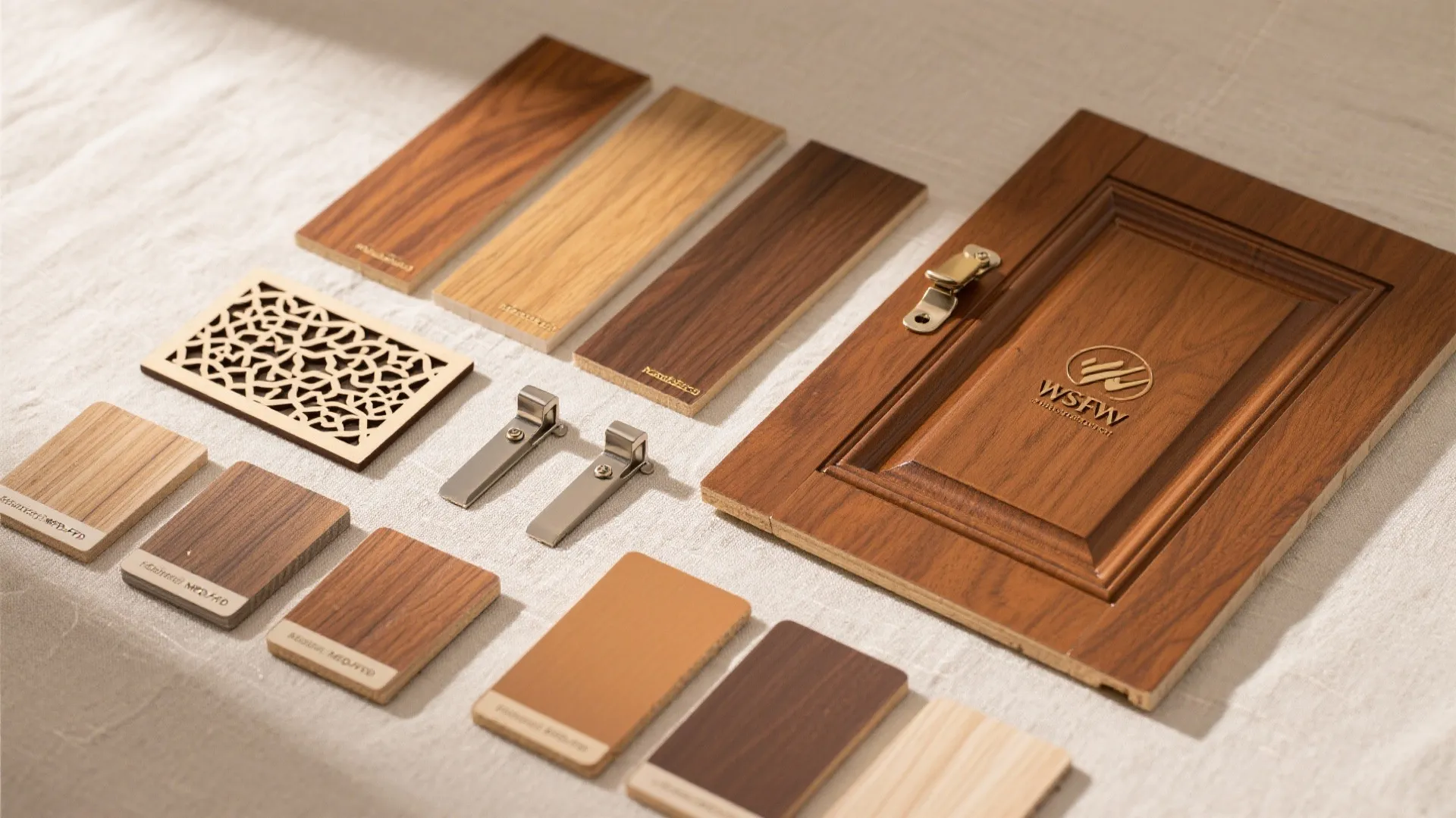 Various wood material samples with a cabinet door metal hinges and different color surface swatches